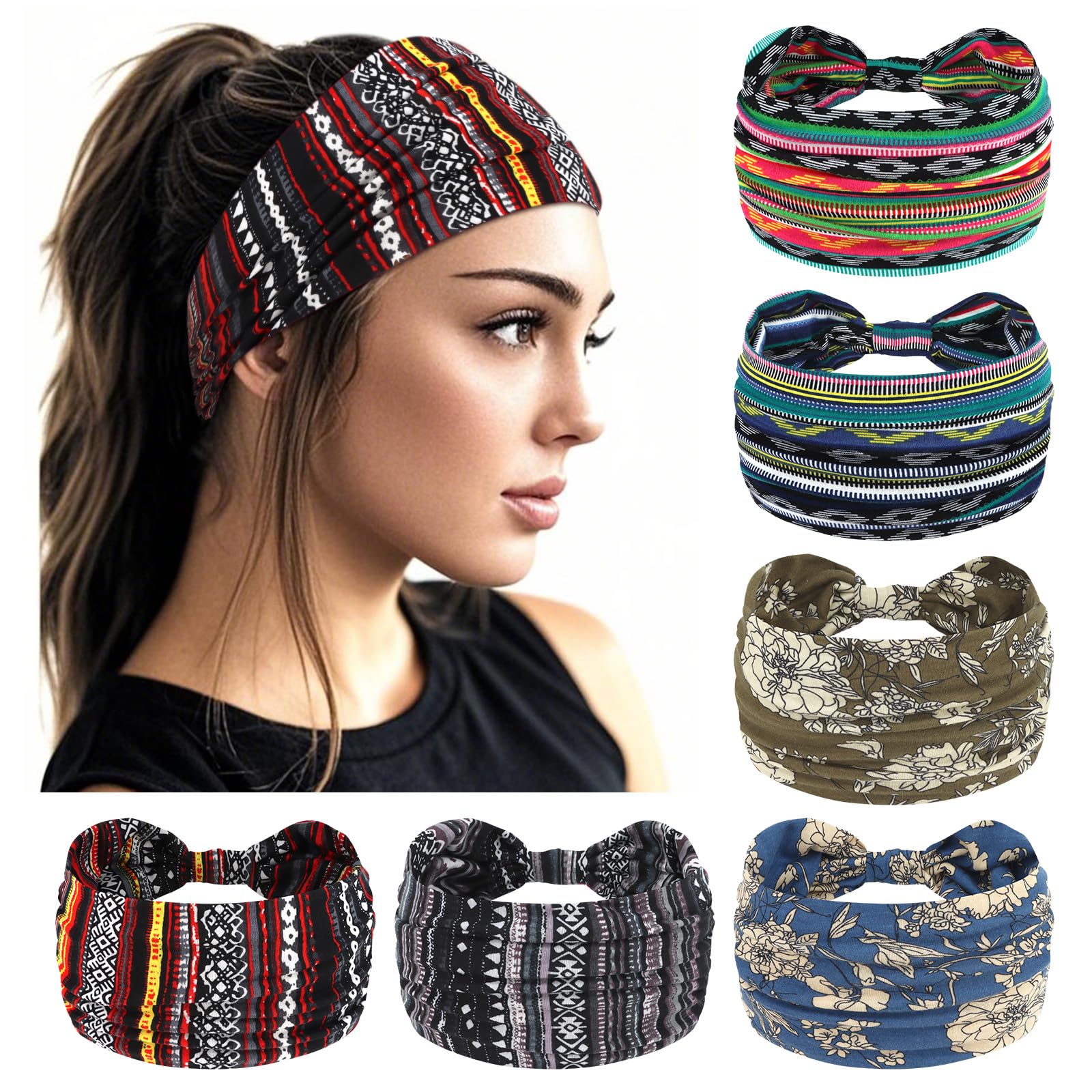 YARIEW Wide Headbands for Women Boho Headbands Stretch Elastic Knotted Headband Non-slip Head Bands Women's Hair Band Yoga Workout Head Wraps Hair Accessories for Women Girls 6 Pack