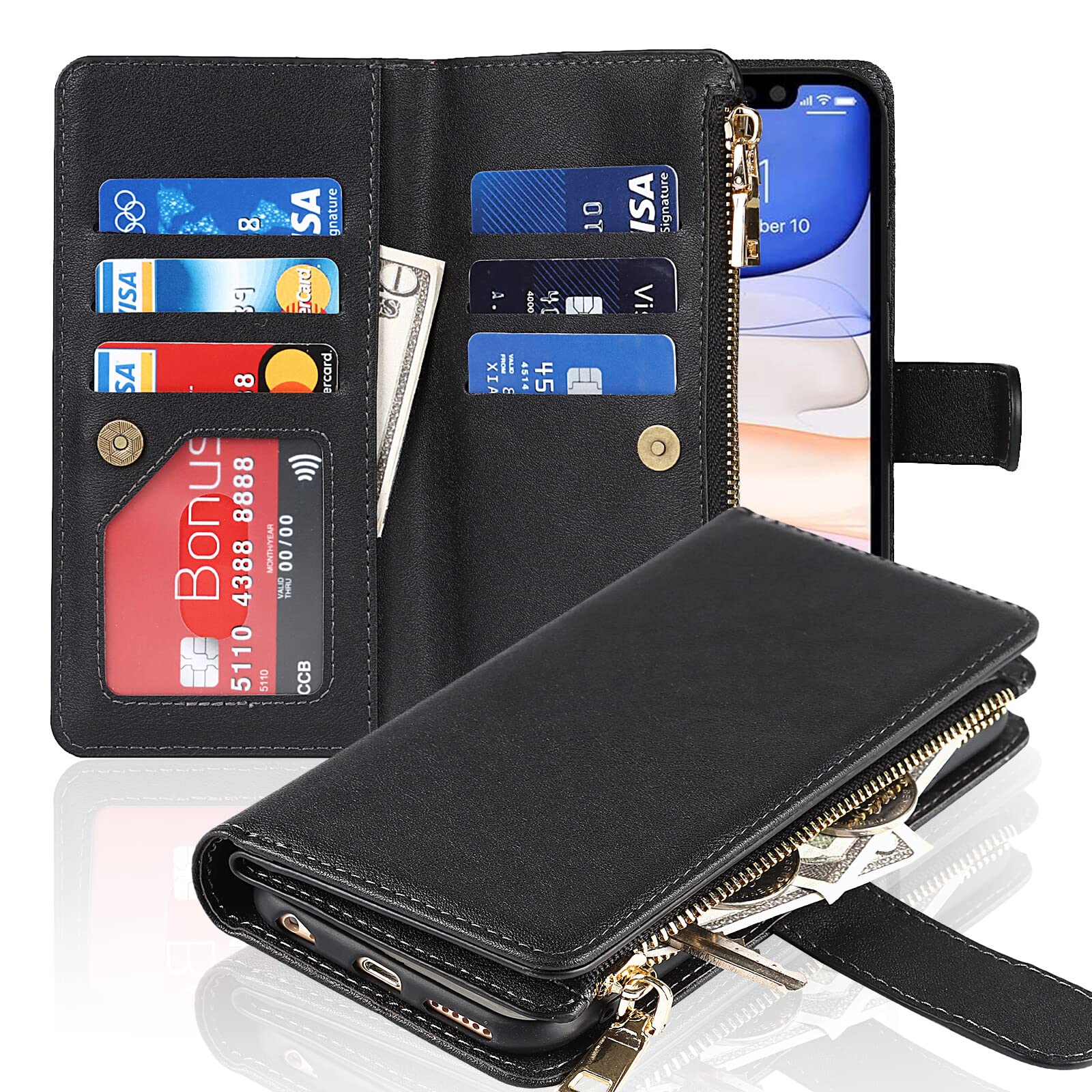 Ｈａｖａｙａ iPhone 11 6.1" Wallet Case with Card Holder [RFID Blocking]-Magnetic Zipper case-with Wrist Strap Lanyard-PU Leather Cover- for Women and Men-iPhone 11 Flip Cell Phone case-Black