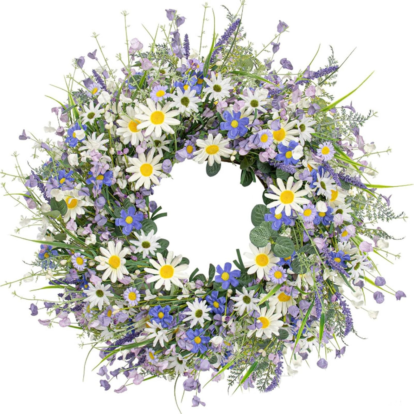Aetherize Daisy Wreath, Spring Front Door Wreath with Lavender 16 Inch Floral Wreaths for Year-Round Home Decor, Farmhouse Wall or Indoor Decoration Floral