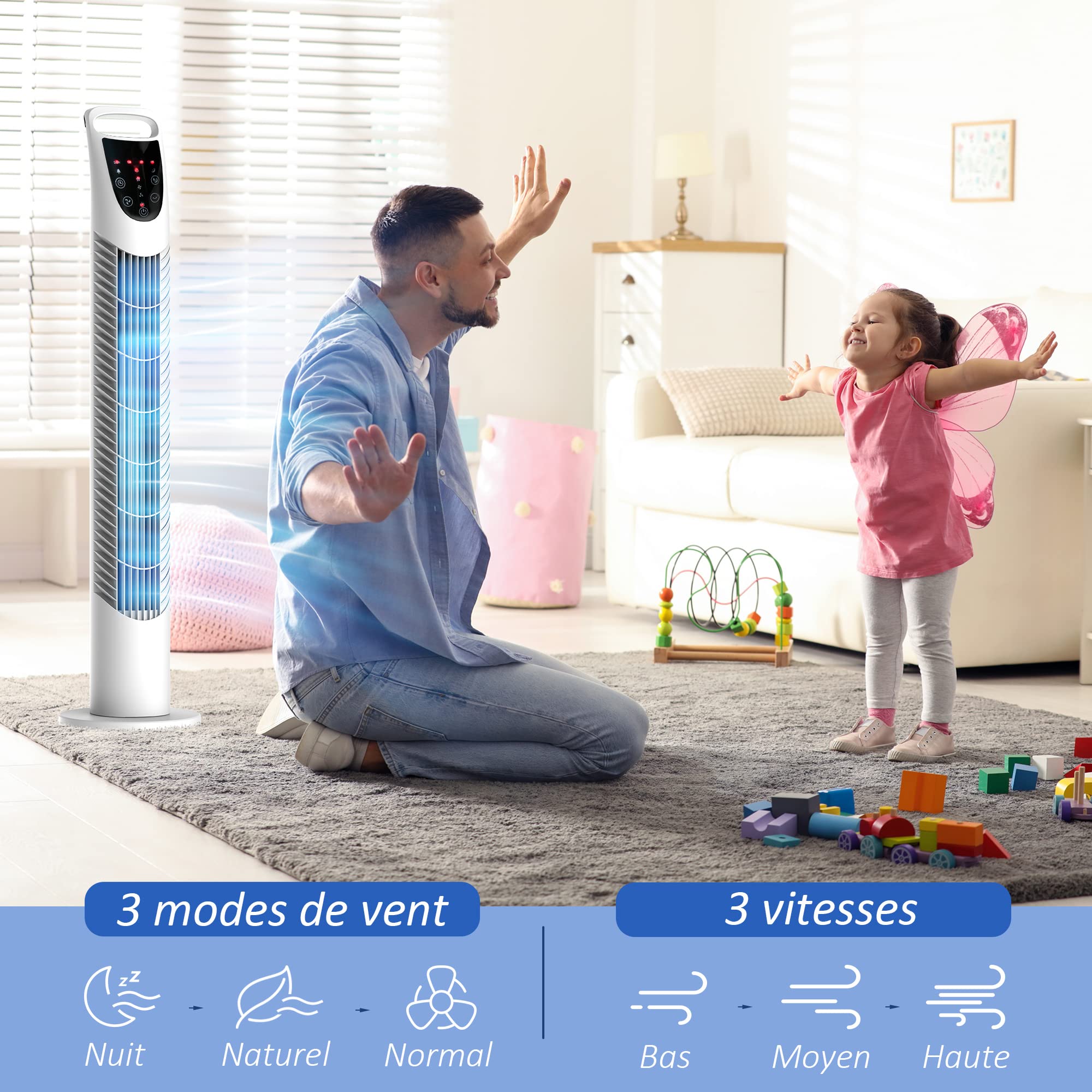 HOMCOM Ventilateur colonne silencieux 40 W, ventilateur tour pour chambre avec 3 modes 3 vitesses, télécommande, oscillant 70°, minuterie et contrôle tactile, 78,5H cm blanc