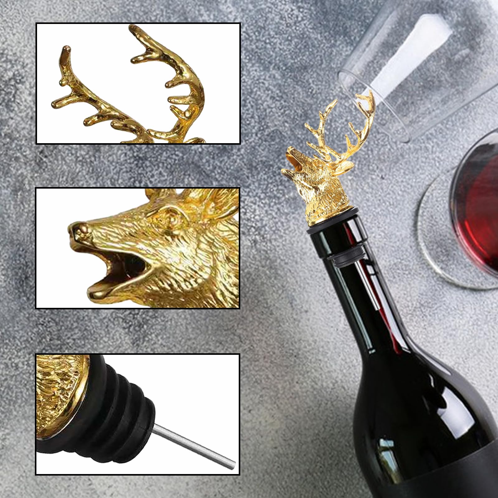 Beccucci Per Bottiglie Vino, Tappo per bottiglia di vino con cervo, Versatori Per Alcolici, regali di compleanno per uomo, padre, cacciatore (oro)