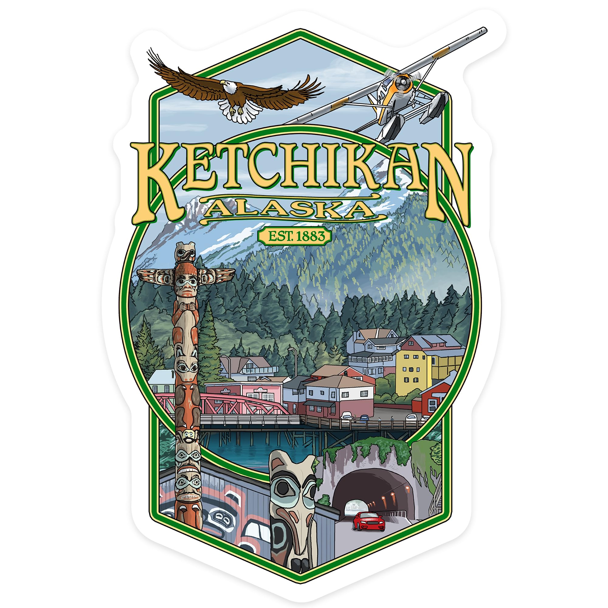 Die Cut Sticker Ketchikan, Alaska, Montage, Vinyl Sticker, (Waterproof Decal for Cars, Water Bottles, Laptops, Coolers), Large