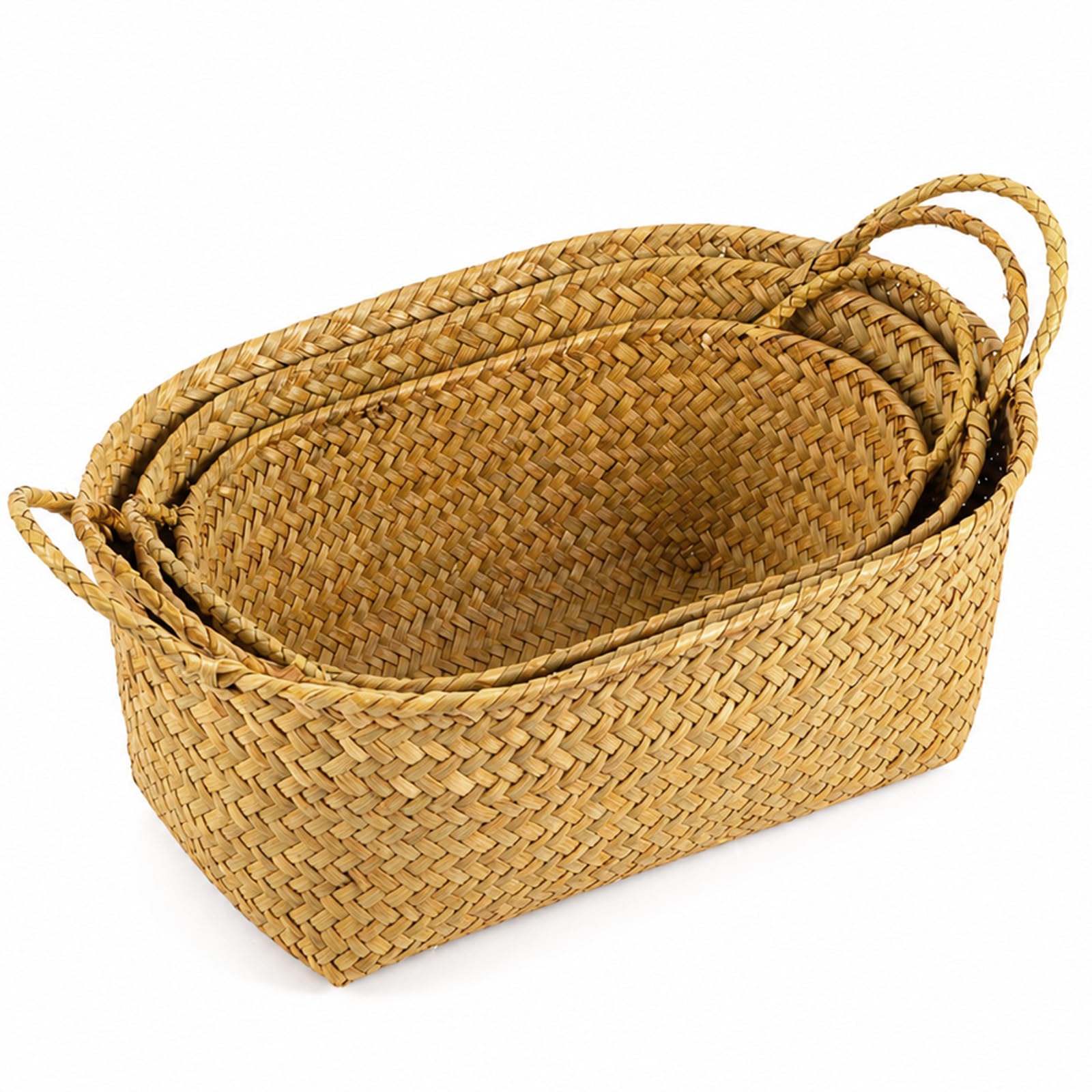 Evergoods Brown Seagrass Storage Basket Set Of 3 With Handles, Natural Woven Rattan Organiser Bins, Stackable Storage Baskets For Home, Bathroom, Kitchen, Shelf & Office Organisation