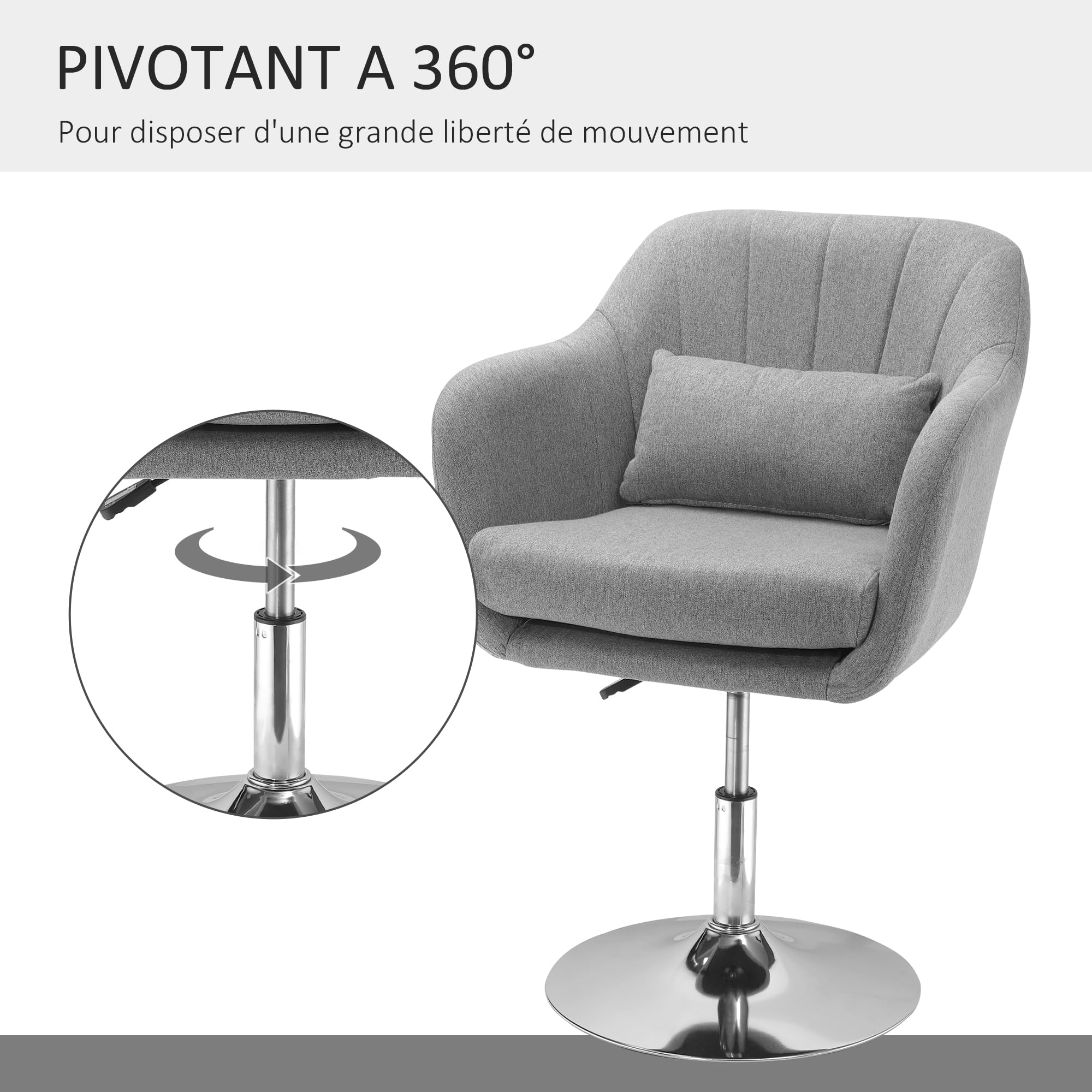 HOMCOM Fauteuil de Salon Chaise Relax Fauteuil de Chambre Grand Confort - Coussins lombaires Hauteur réglable pivotant 360° piètement en métal chromé - Gris