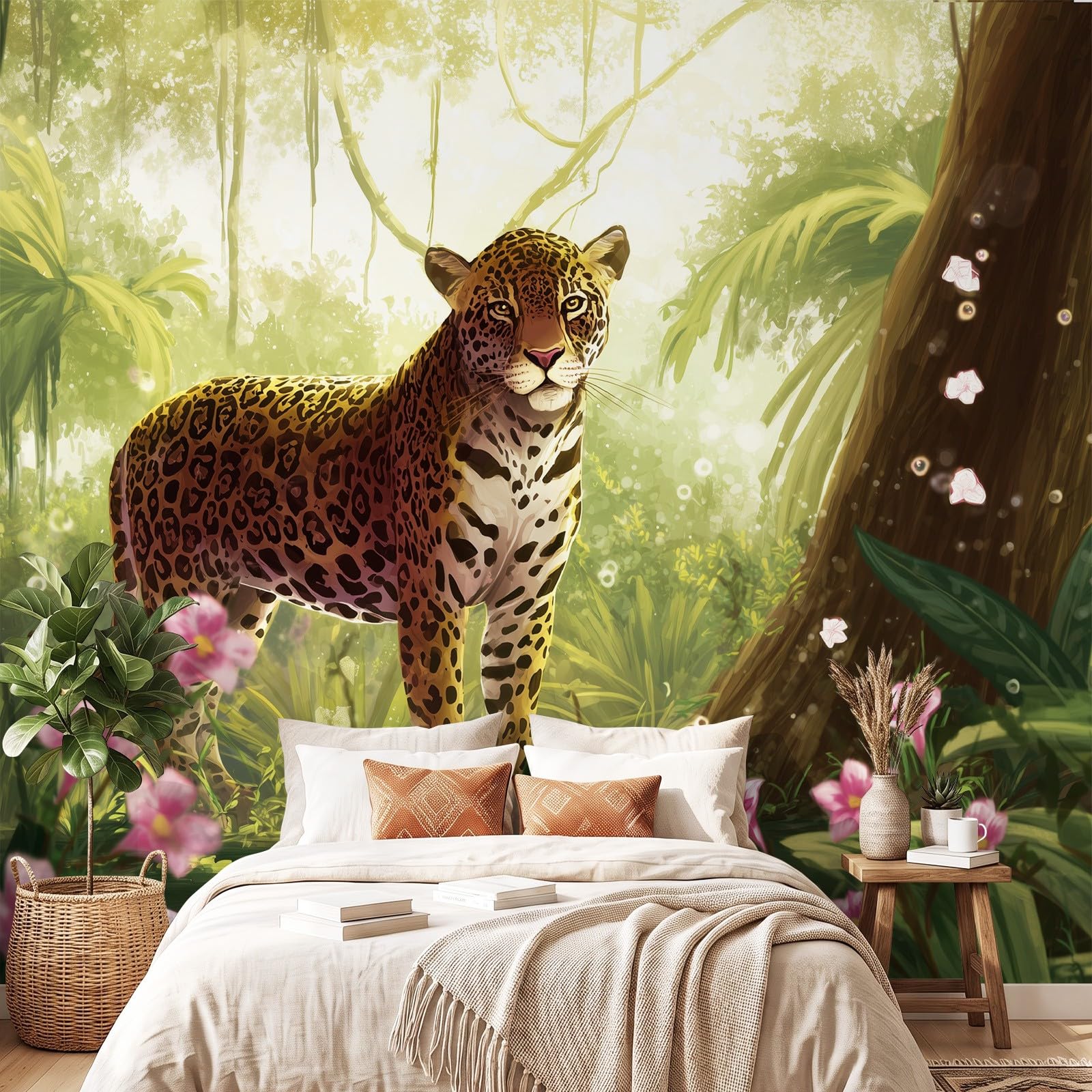 Generisch Tapete Vintage Tier - Leopard Blumen Muster- Vliestapete Wand Deko Mustertapete Modern Wandtapete Wanddeko - Motivtapeten - 350 x 256 cm