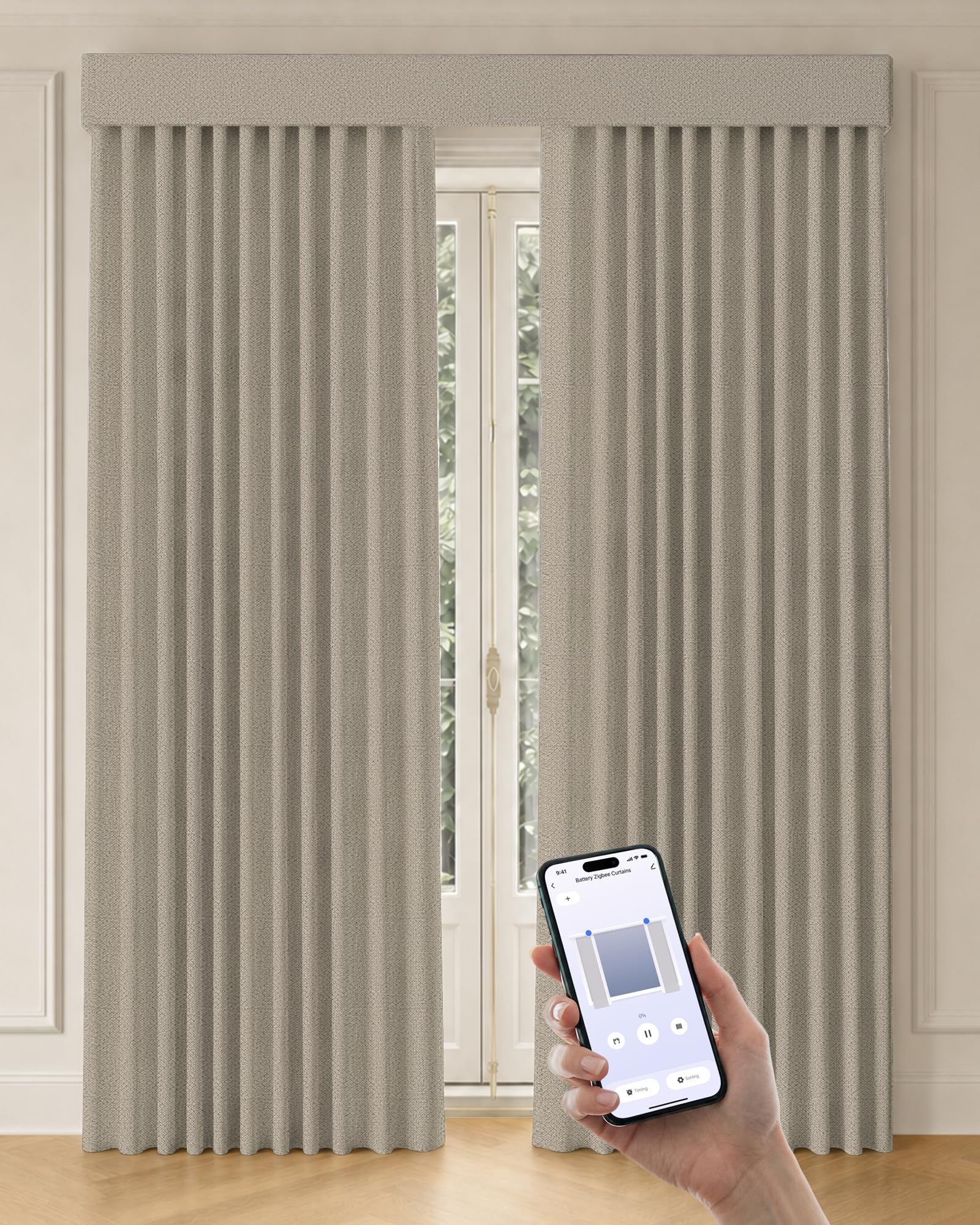 Graywind Motorized Curtains with Track, Room Darkening Smart Curtains, Hardwired Curtains Compatible with Alexa Google Home Remote Control for Large Windows, Custom Drapes Up to 220", Manner (Brown)