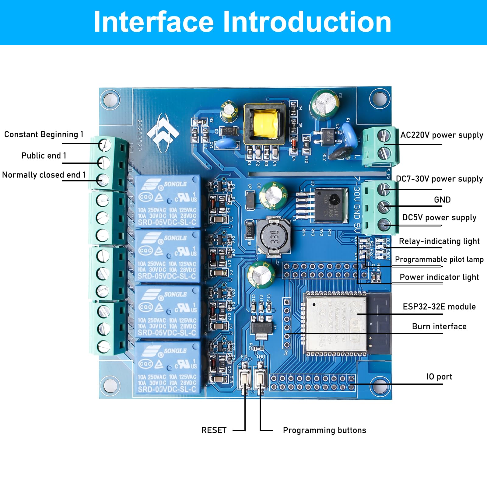 ESP Modulo relè a 4 canali con ESP-32 WiFi Bluetooth, DC5-30V/AC220V, scheda di sviluppo per progetti fai da te Smart Home & IoT, facile programmazione con Arduino IDE