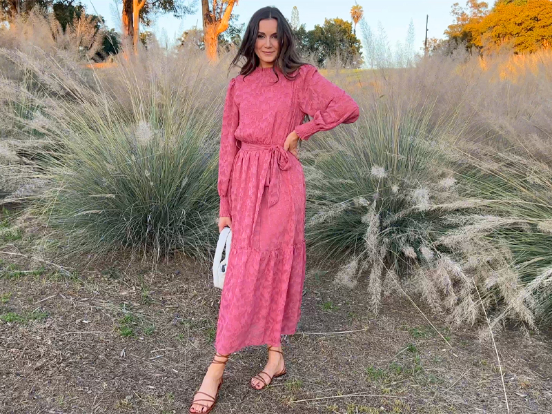 Amazon.com: MITILLY Women's Floral Lace Long Puff Sleeve Ruffle High Neck  A-Line Flowy Tiered Maxi Dress with Belt Small Bean Paste : Clothing, Shoes  & Jewelry