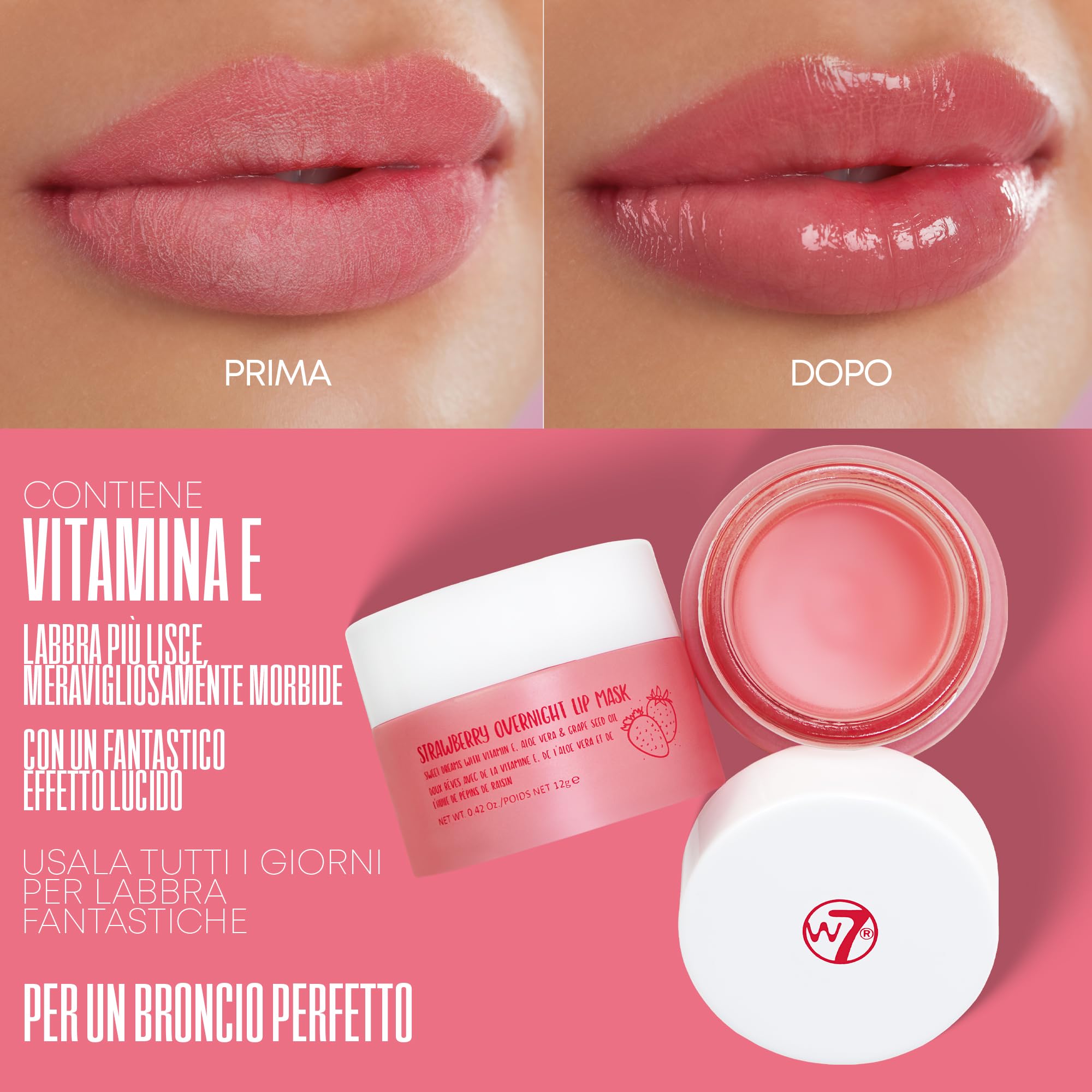 W7 Maschera Labbra Notte Sweet Dreams alla Fragola - Vitamina E, Aloe Vera e Olio di Semi d'Uva - Per labbra idratate, carnose e irresistibili