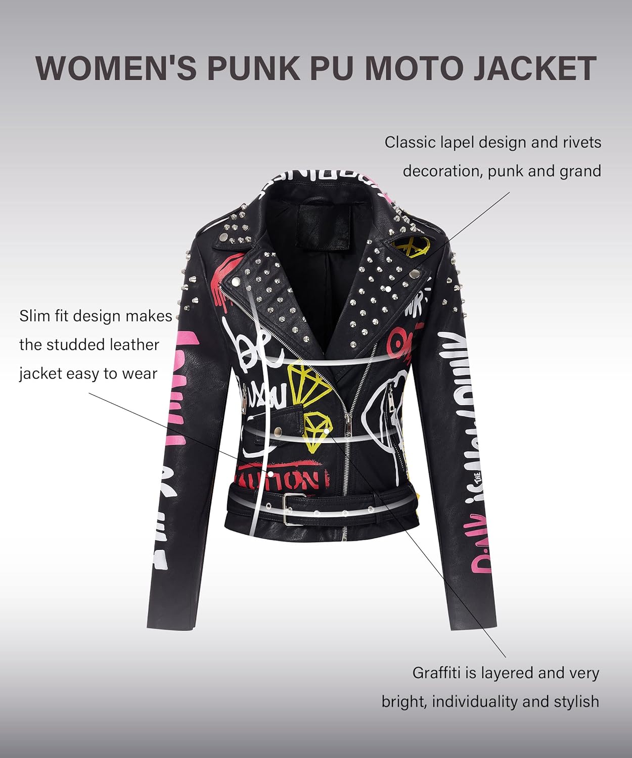 Bellivera Faux Leather Jacket for Women Studded Rivet Floral Moto Biker Short Lapel Coat - Image 3