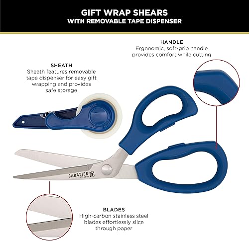 Miniatura 5 de Sabatier Tijeras multiusos 2 en 1, tijeras de envoltura de regalo con cubierta de hoja dispensadora de cinta extraíble, tijeras multiusos de acero