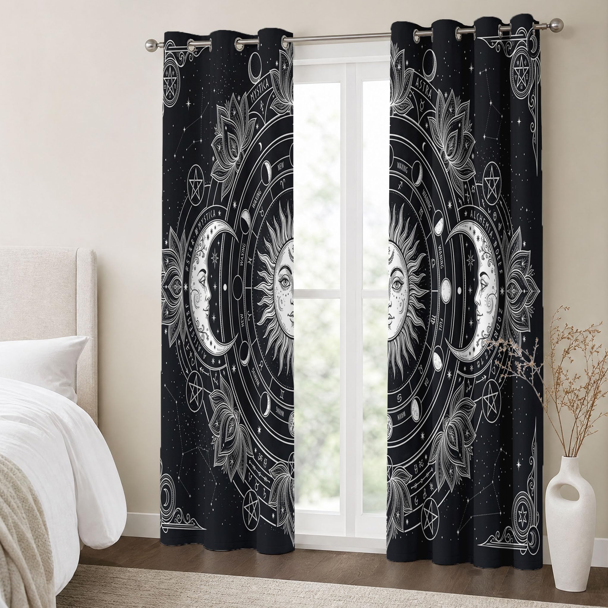 Geheimnisvolles Blickdichte Vorhänge H214 X B91.5 Cm (2Er Pack), Mondphasenanzeige Mit Sternenmuster Verdunkelungsvorhang | Schwarz Und Grau Vorhänge Mit Ösen Für Schlafzimmer Wohnzimmer Kinderzimmer