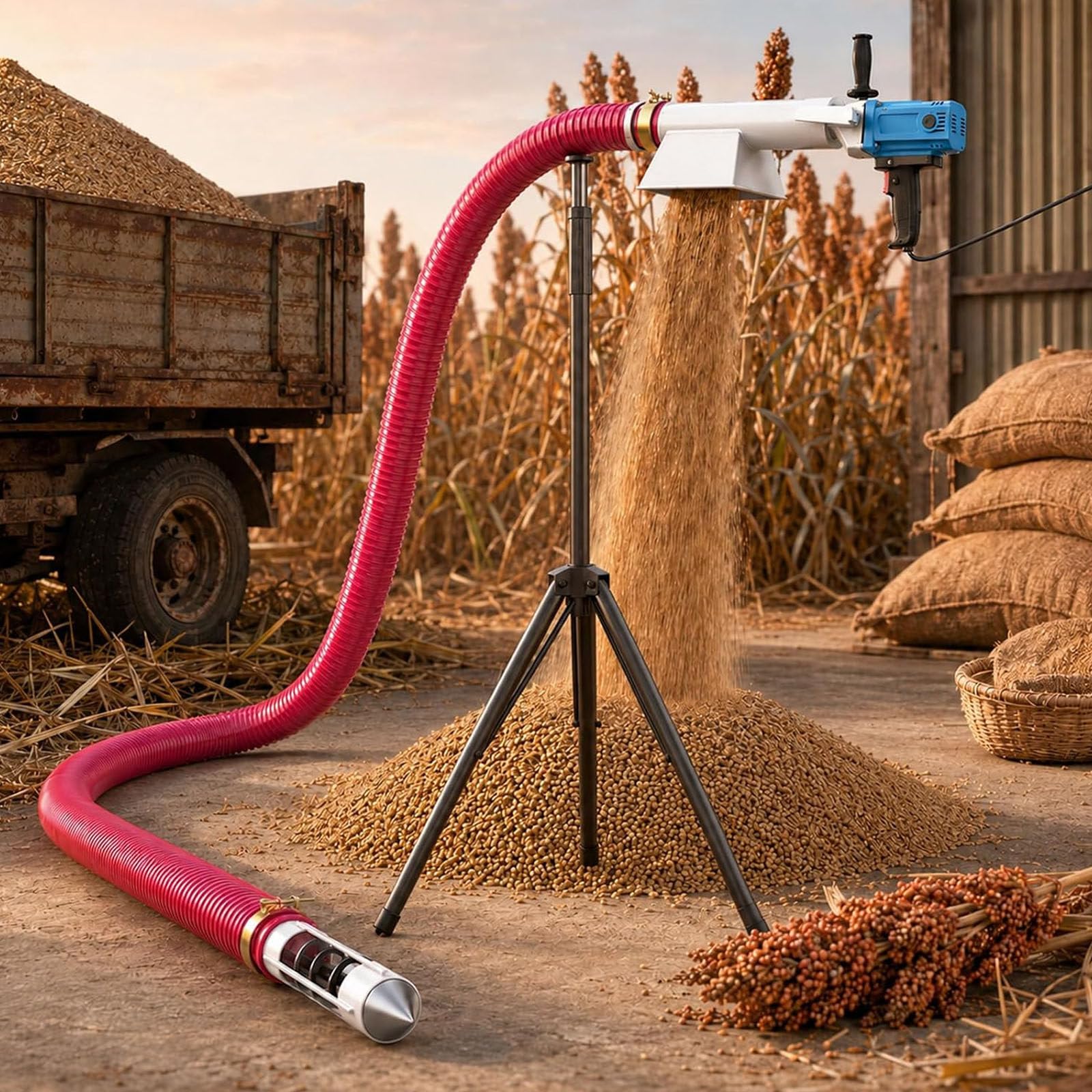 Tragbare Getreideförderschnecke mit 100-mm-Flexschlauch, 2800-W-Motor, verstellbarem Stativ (1,1–1,9 m) für den effizienten Transport von Getreide, Futtermitteln und anderen Trockenmaterialien 4.0m