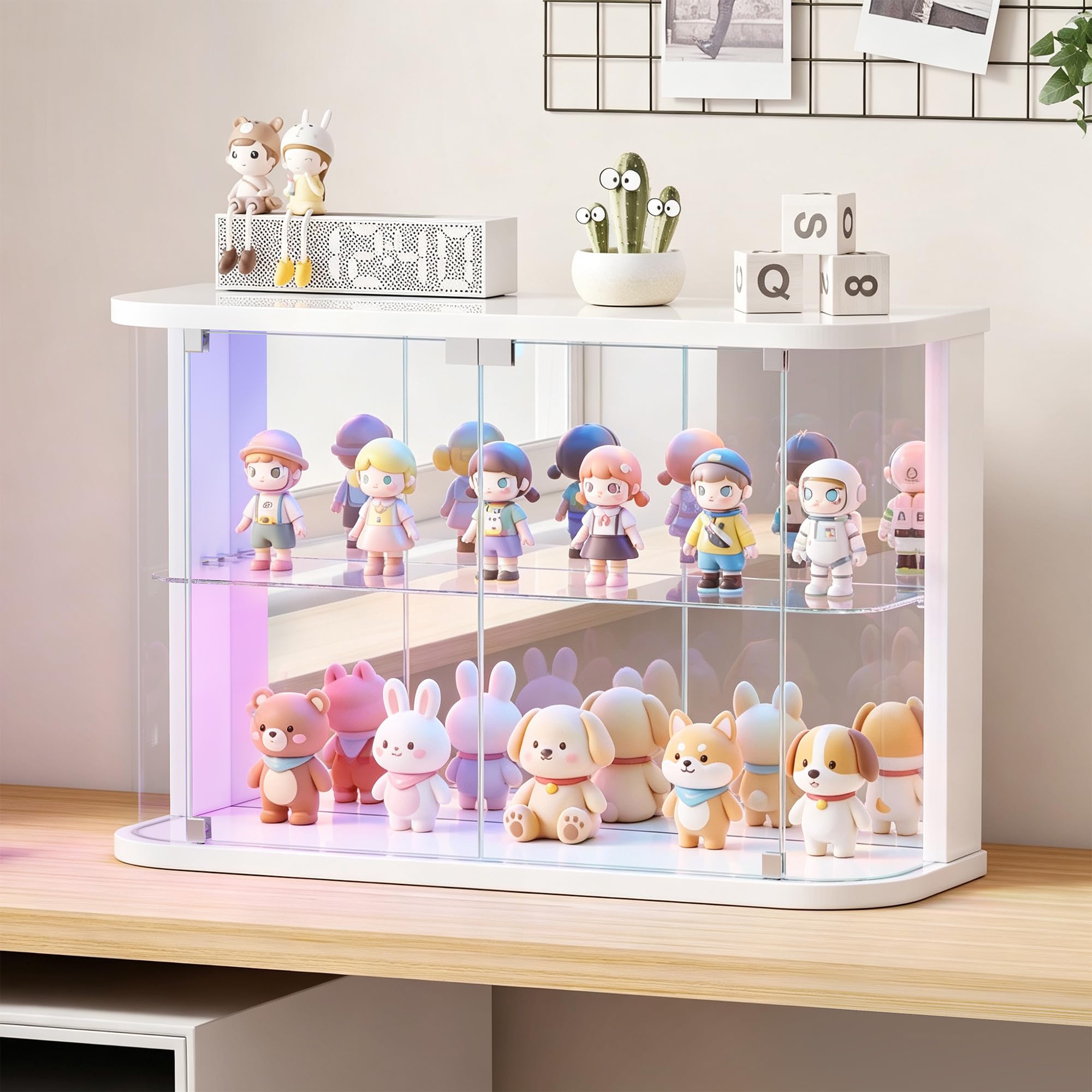Vlsrka Glasvitrine mit LED Beleuchtung und Glastüren, Glas Vitrinenschrank | Vitrine mit RGB-Licht, Sammlerstücke Präsentieren, Figuren Aufbewahren, Temperglas, Push-to-open, Wohnzimmer Schlafzimmer