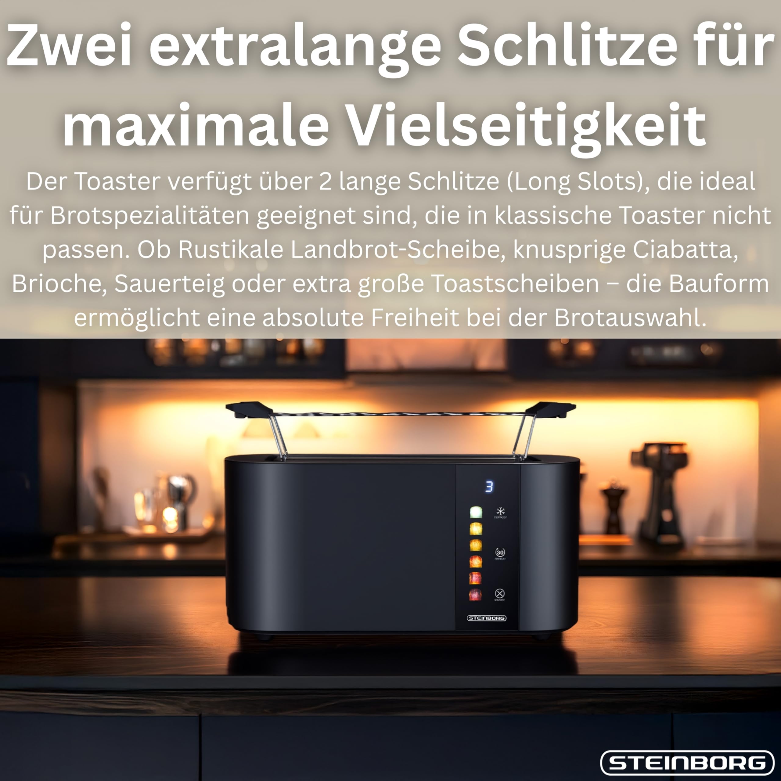 Steinborg® Automatik Toaster 4 Scheiben mit Brötchenaufsatz Langschlitztoaster Automatische Liftfunktion ohne Hebel - Toastautomat Digitales Display Brotzentrierung Restzeitanzeige Abschaltautomatik
