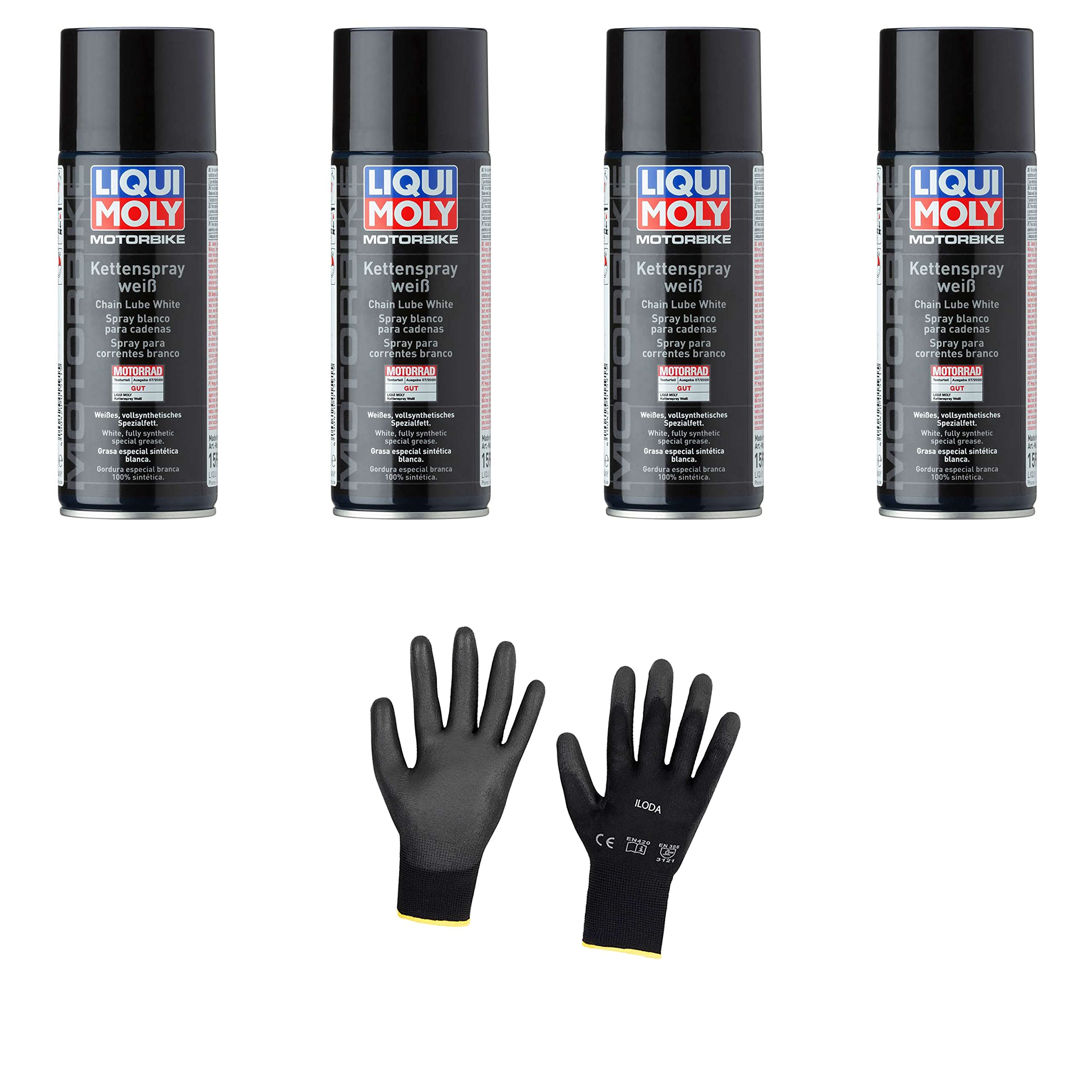 4xOriginal Liqui Moly 400ml Motorbike Kettenspray weiß 1591 Schutzhandschuhe