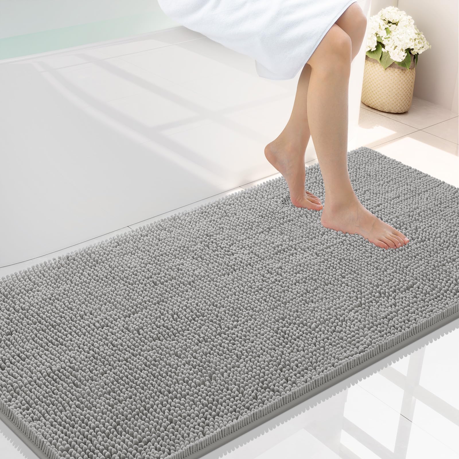 Smiry Luxury Chenille Bathroom Rugs 44x24, Extra Soft and Absorbent Shaggy Bath Mat, Machine Washable, Non-Slip Plush Carpet Runner for Tub, Shower,