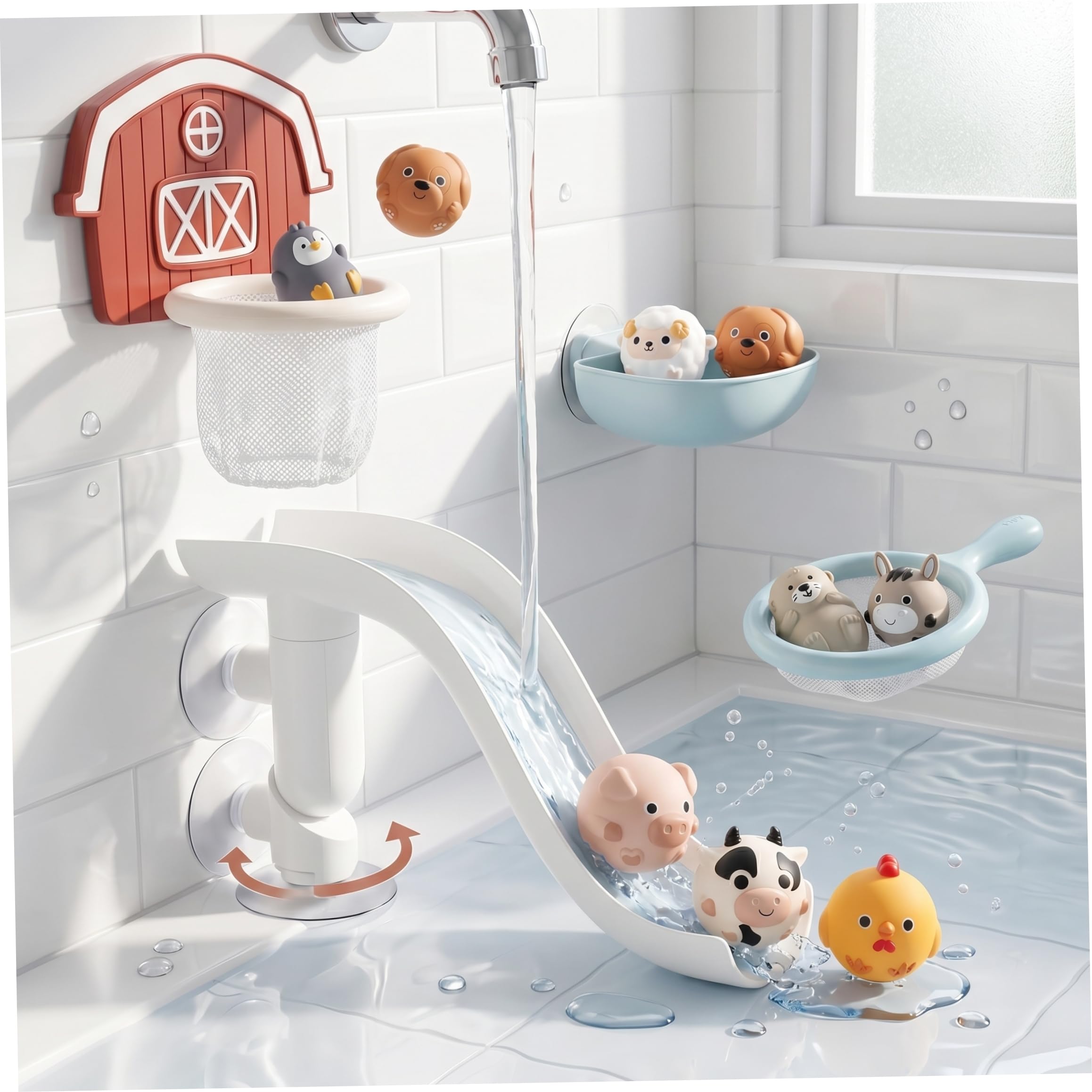 Badespielzeug für Kinder, 13 Teile/Set, Badespielzeug, Rutsche mit schwimmendem Tier-Reifennetz, interaktives Badewannen-Spielset, ideal für Babys, Mädchen und Jungen
