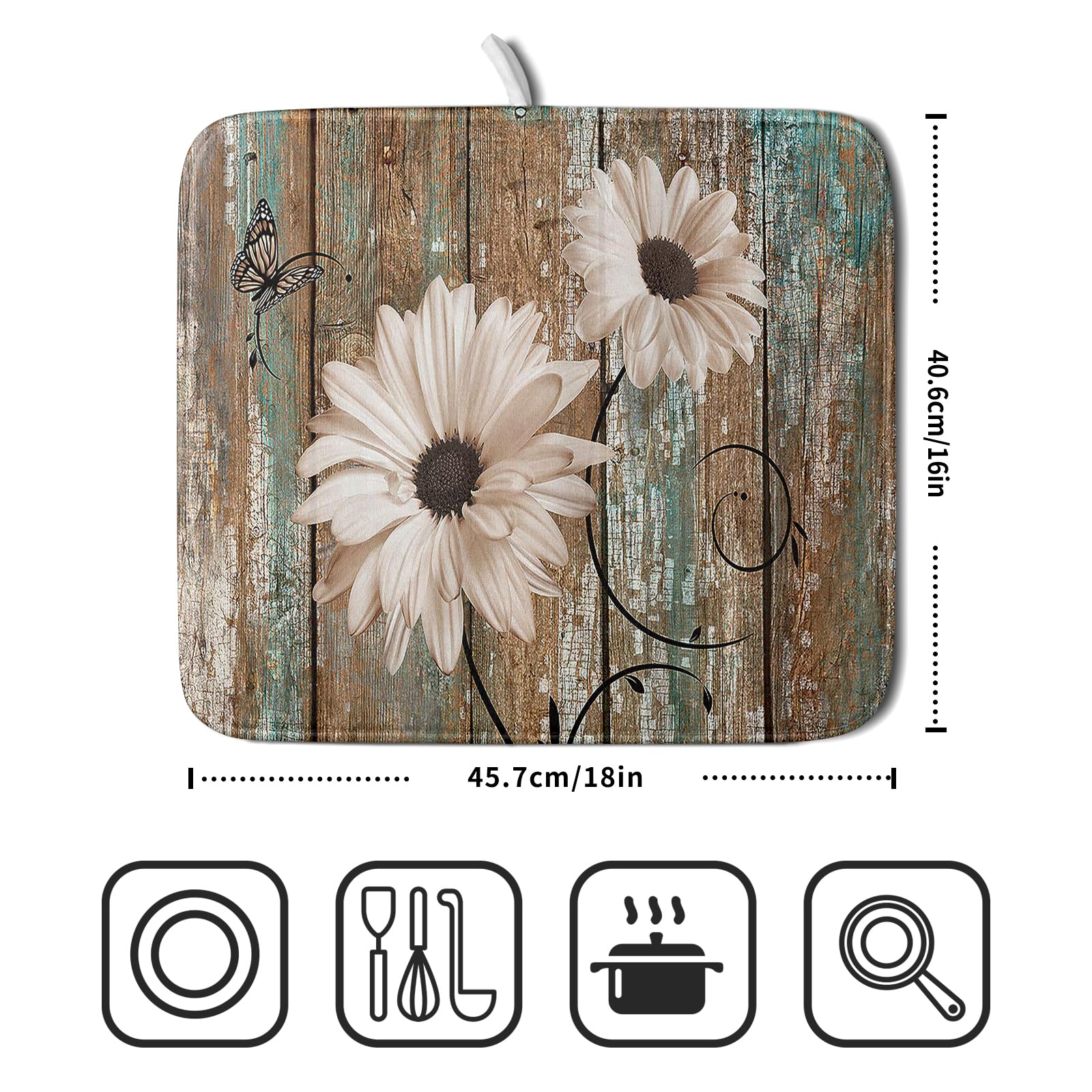 Giwawa Rustic Daisy Board Dish Drying Mat for Kitchen Countertop 16x18 inch Fall Sunflower on Wooden Plank Dish Drainer Mats Fast Drying Country Shabby Chic Vintage Kitchen Drying Decor