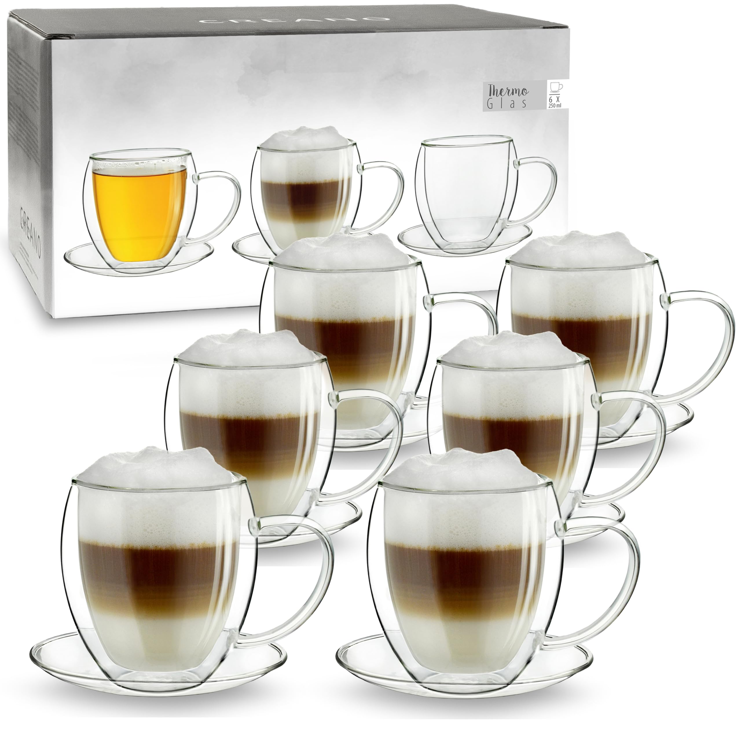 Creano Set di 6 Tazze Termica in Vetro a Doppia Parete, Tazza in Vetro con Manico e Sottobicchiere | 250ml in Esclusiva Confezione Regalo