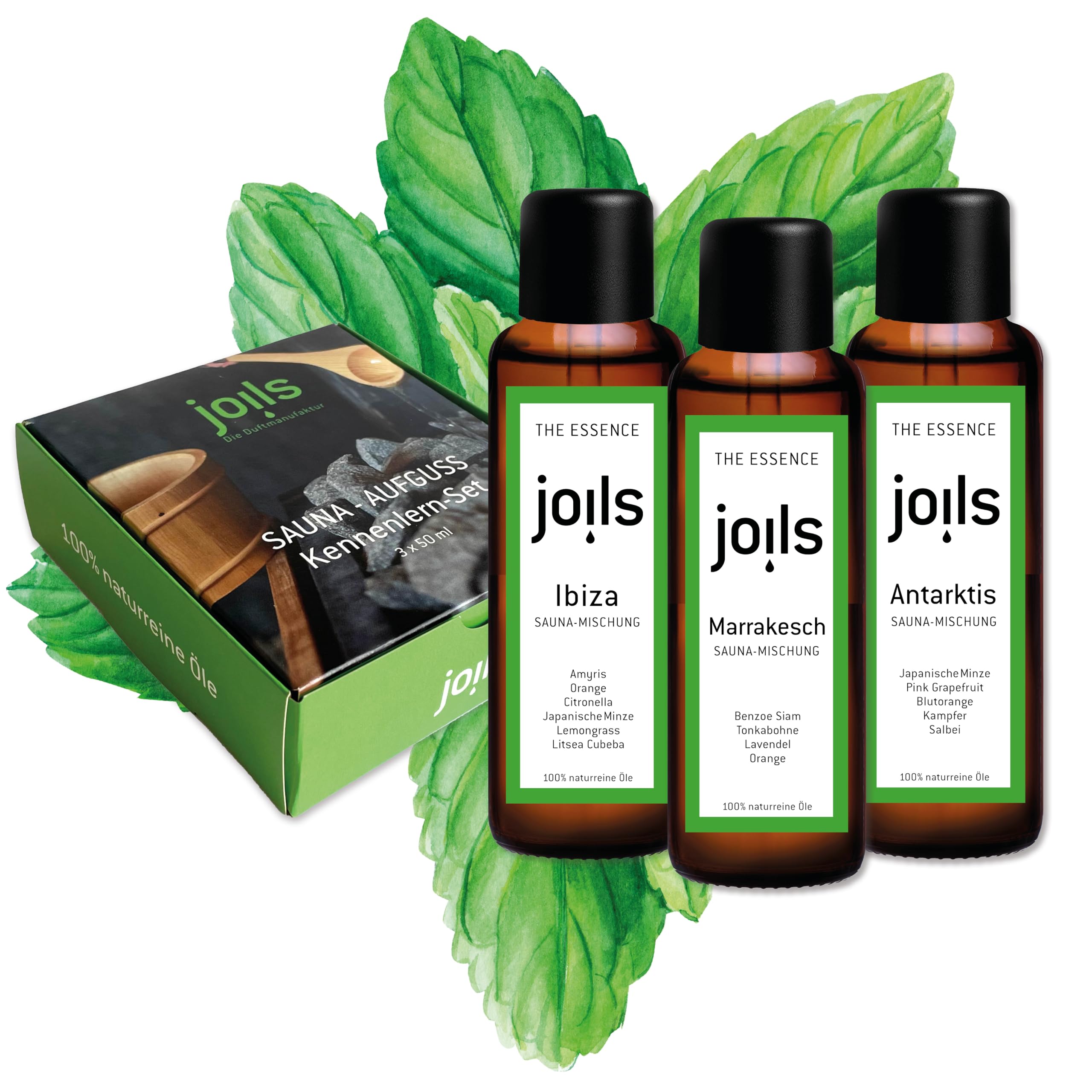 JOILS® Saunaaufguss Set V, 3x100ml, 100% naturreines Öl für Ihre Sauna, BIO-Saunaöl im Geschenkset, vom Familienbetrieb aus dem Schwarzwald