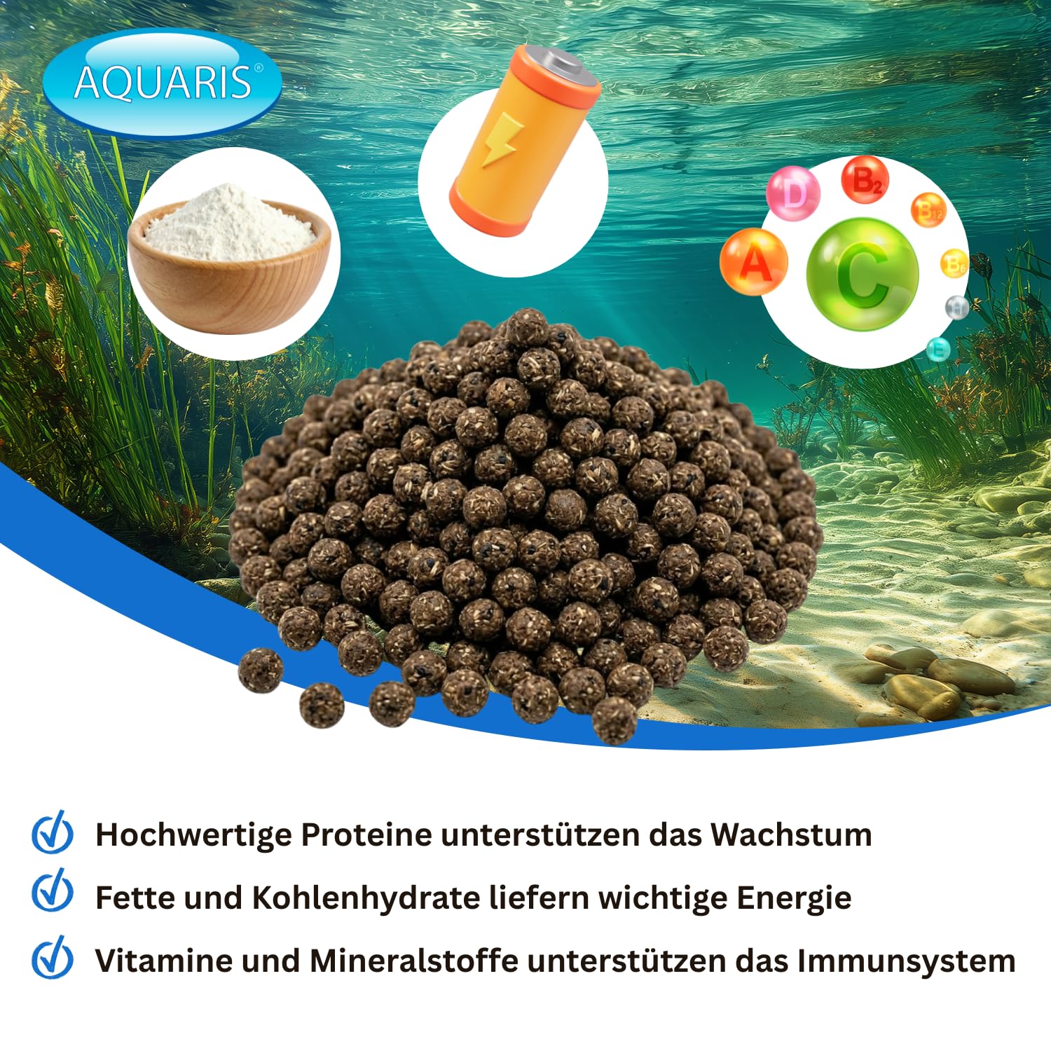 AQUARIS Fischfutter für Störe – wasserstabil, leicht verdaulich, sinkende Pellets für Teichfische (Beluga, Sterlet, Weißer Stör), 3808 g / 5,6 L / 6 mm. Störfutter sinkend 6 mm für große Teichfische