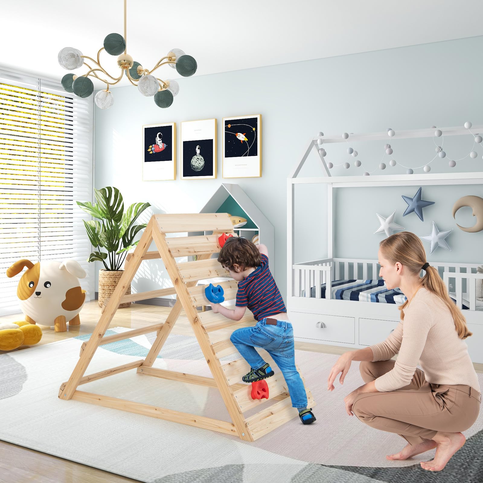 COSTWAY Triángulo Escalada para Niños, Escalador Triangular de Doble Cara con Coloridas Rocas y Escaleras para Escalar, Triángulo de Aprendizaje Montessori para Niños de 3-8 Años, Natural