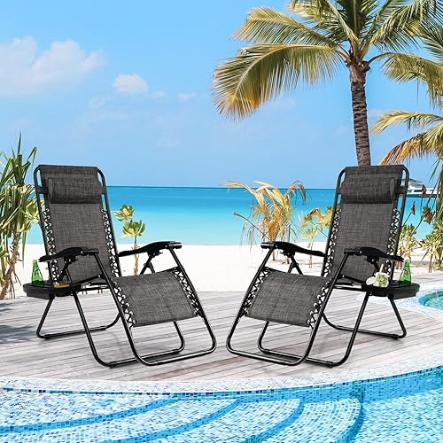 Miniatura 2 de Tangkula Juego de 2 sillas de gravedad cero, sillas plegables para patio, reclinables ajustables al aire libre con soporte para tazas, reposabrazos