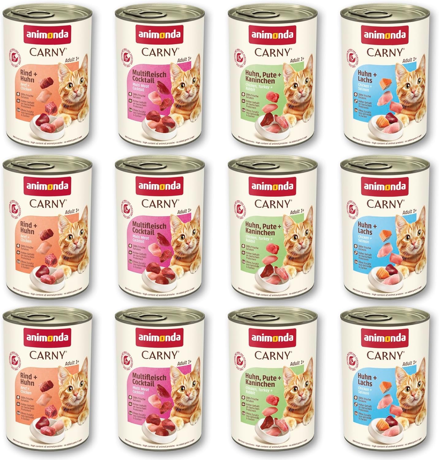 animonda Carny Adult Gourmet Selection, opakowanie mieszane (12 x 400 g), mokra karma dla dorosłych kotów, mokra karma ze 100% świeżymi, mięsistymi składnikami, karma dla kotów bez zbóż i cukru