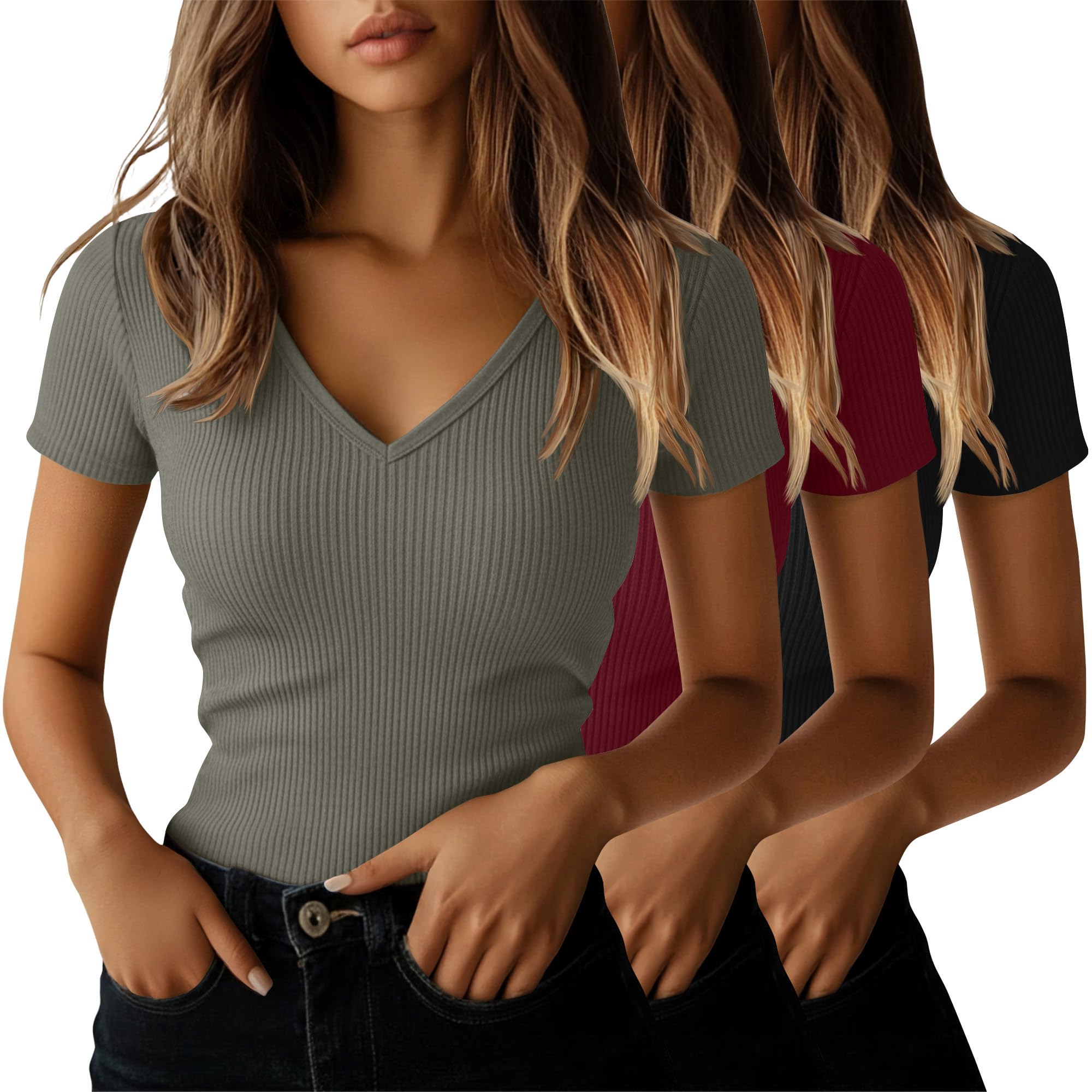 Ficerd Pack de 3 Camisetas de Algodón de Manga Corta para Mujer Cuello en V Acanaladas Corte Ajustado Camiseta Básica