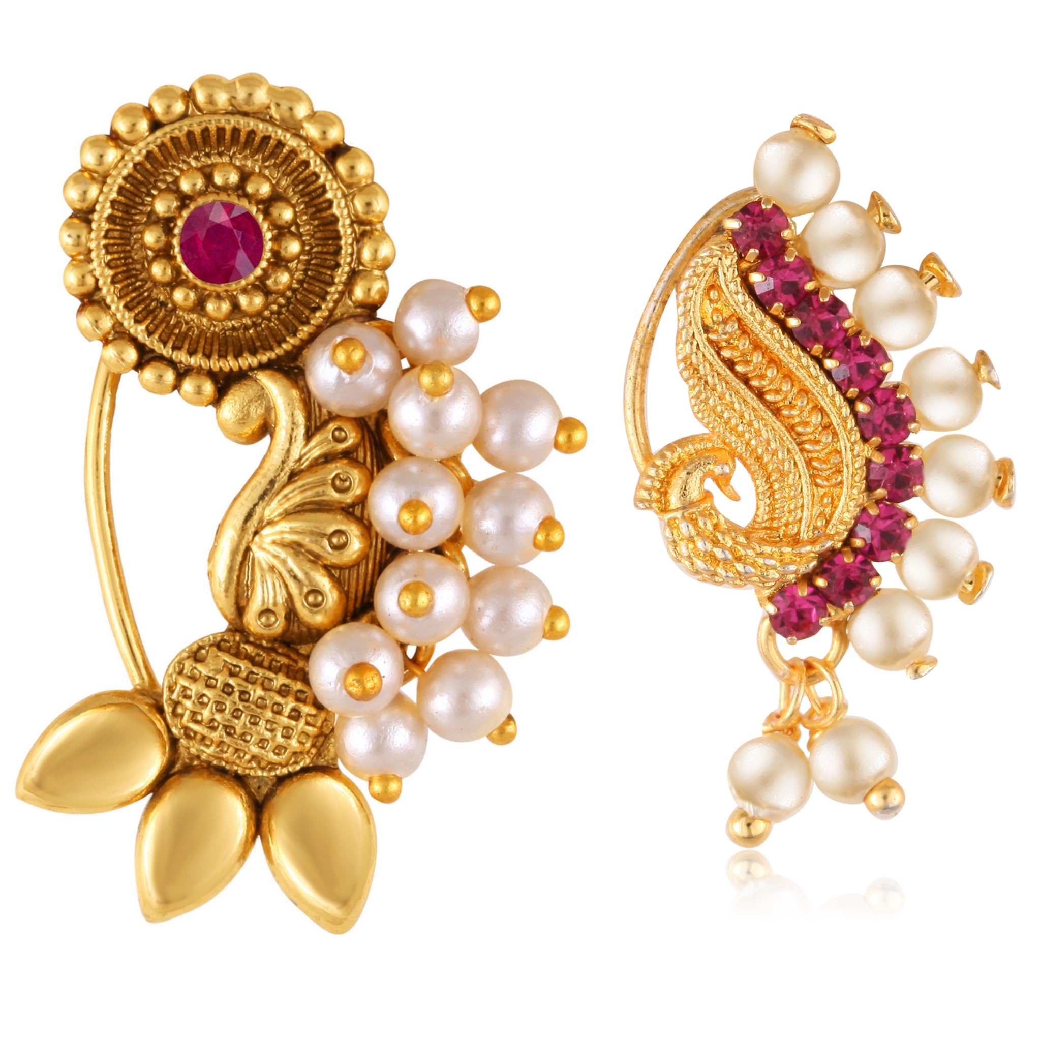Vighnaharta Red CZ stone and Pearls moti Nath Nathiya./ Nose Pin for women[VFJ1172-1080NTH-PRESS-RED]