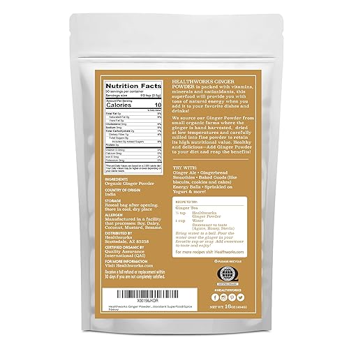 Healthworks Jengibre en polvo 16 onzas  1 libra  Molido  Crudo  Todo Natural y Certificado Orgánico  Keto Vegano  Genial con el café té y jugos