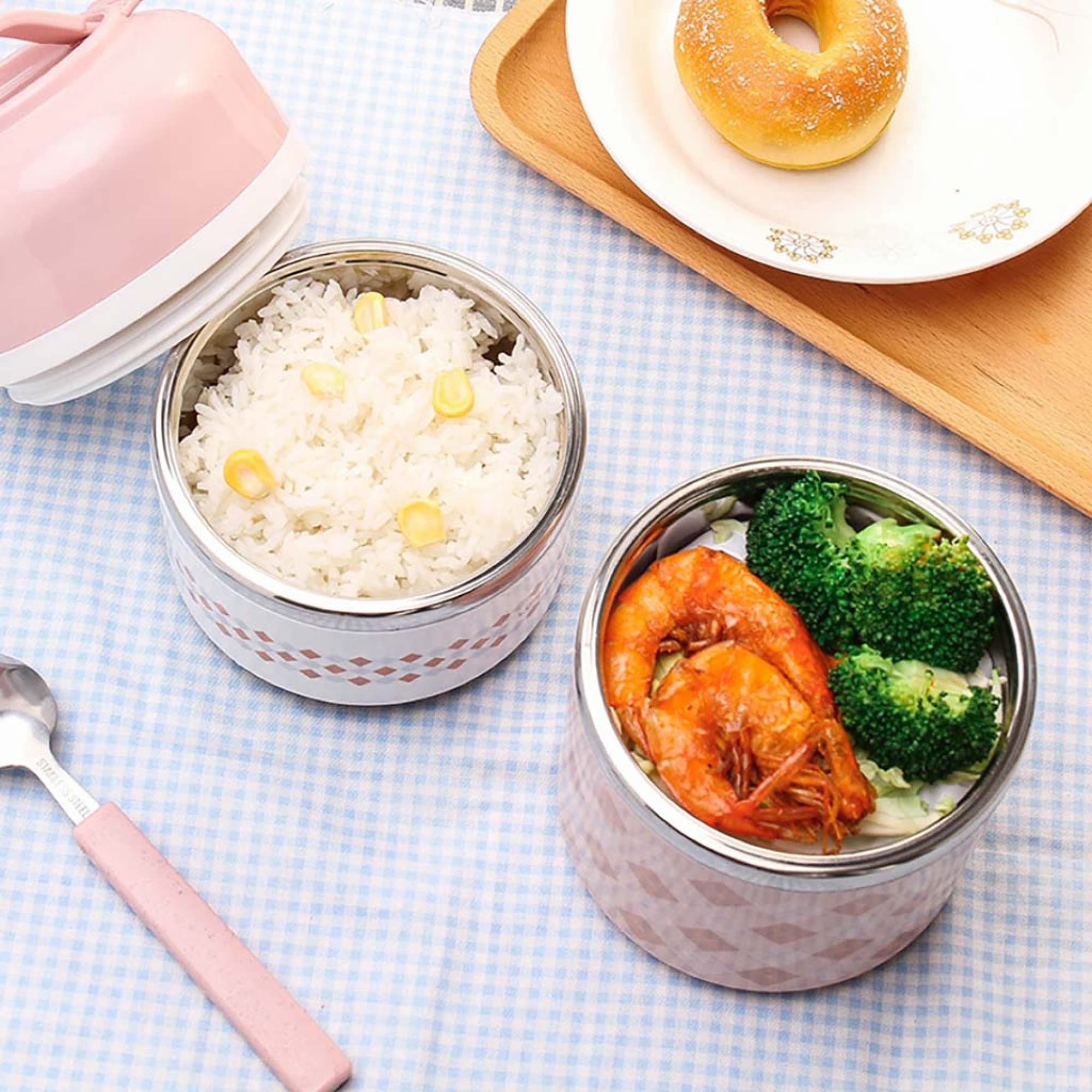 bwh Fiambrera térmica Acero Inoxidable Fiambrera Bento de 2 Niveles Contenedores PortáTiles de Almacenamiento de Alimentos para NiñOs Adultos Escuela Oficina Trabajo Hogar Picnic