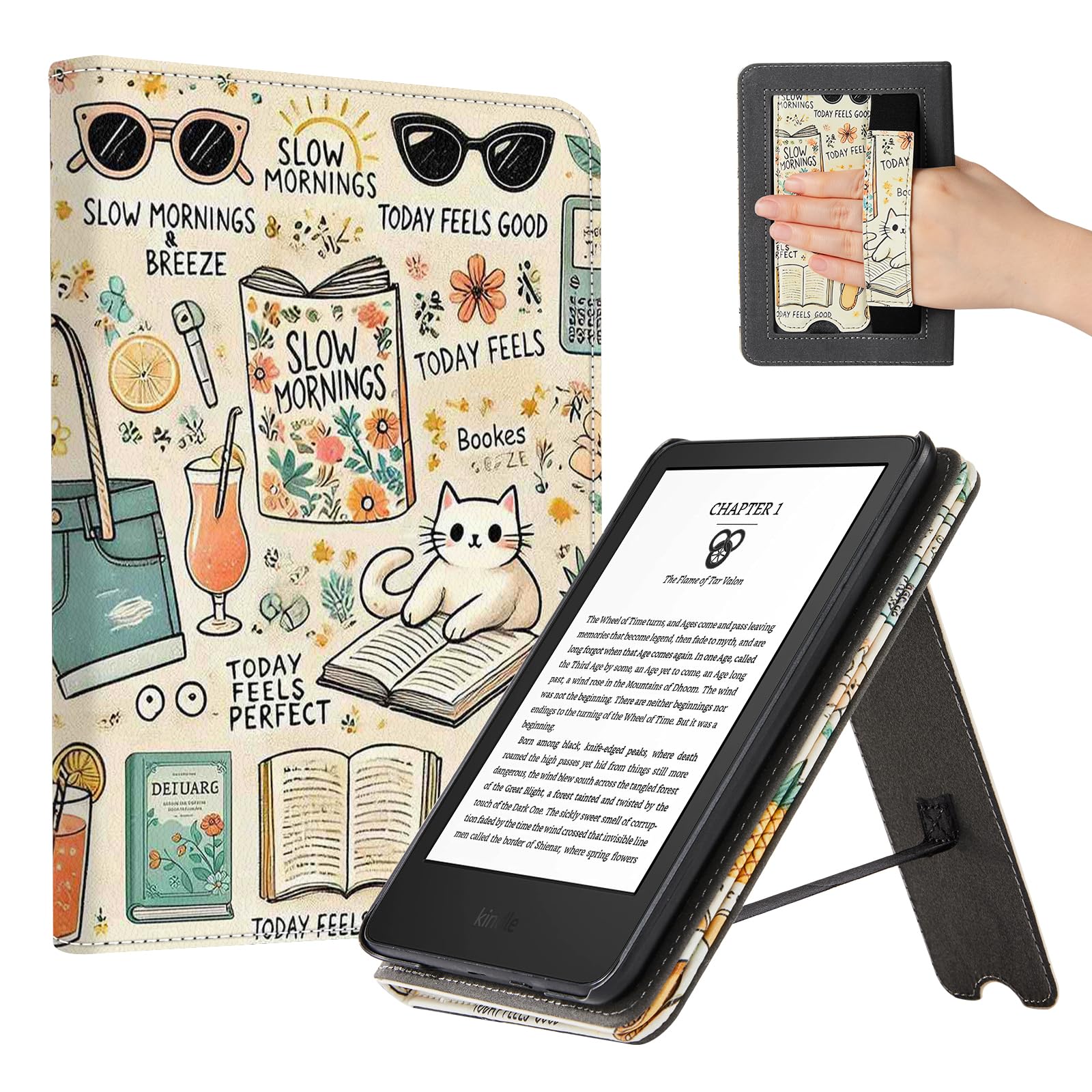CoBak Case for 6" E-Reader - PU Leather Smart Cover with Auto Sleep/Wake &amp; Hand Strap, not Compatible with Kobo Clara,Slow Morning