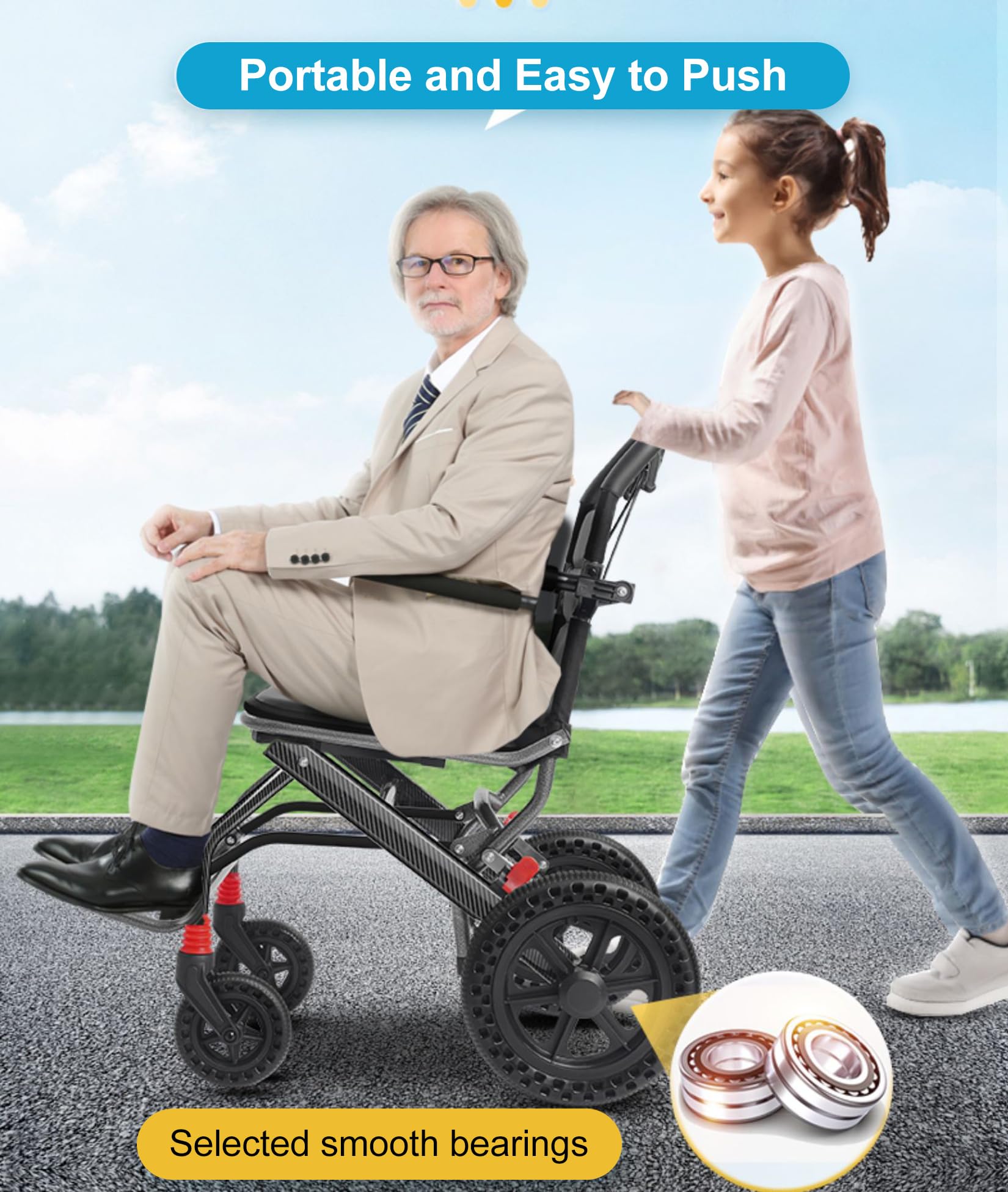 BOTOWI Silla de Ruedas Ligera de Transporte con Frenos de Mano Bloqueables, Ruedas Traseras de 12", con Asiento Ancho, Diseño Trolley, Silla de Ruedas de Aluminio para Adultos/Seniors