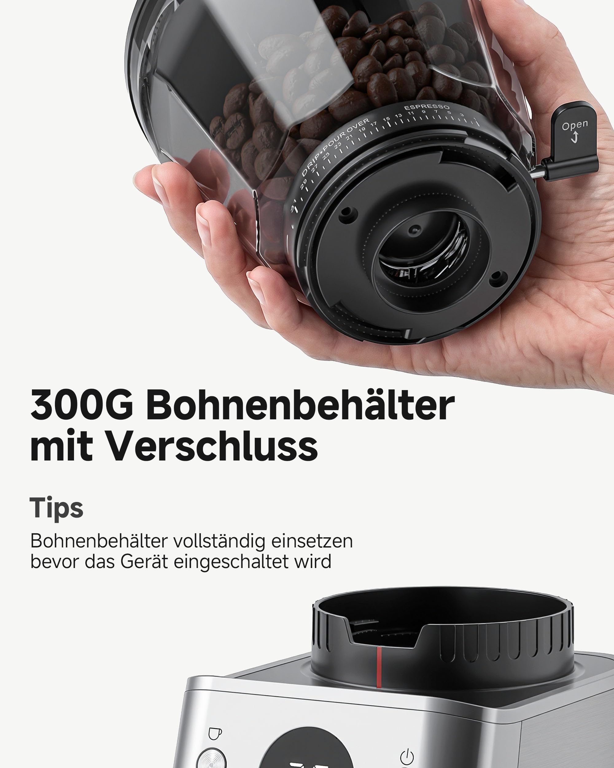 AAOBOSI Kaffeemühle Elektrisch, 45 Mahlgrade, 40 mm Edelstahl-Kegelmahlwerk | Plasma-Anti-Statik, Speicherfunktion, Zeit-/Tassenprogramm, 300-g-Bohnenbehälter, für Espresso & Filterkaffee