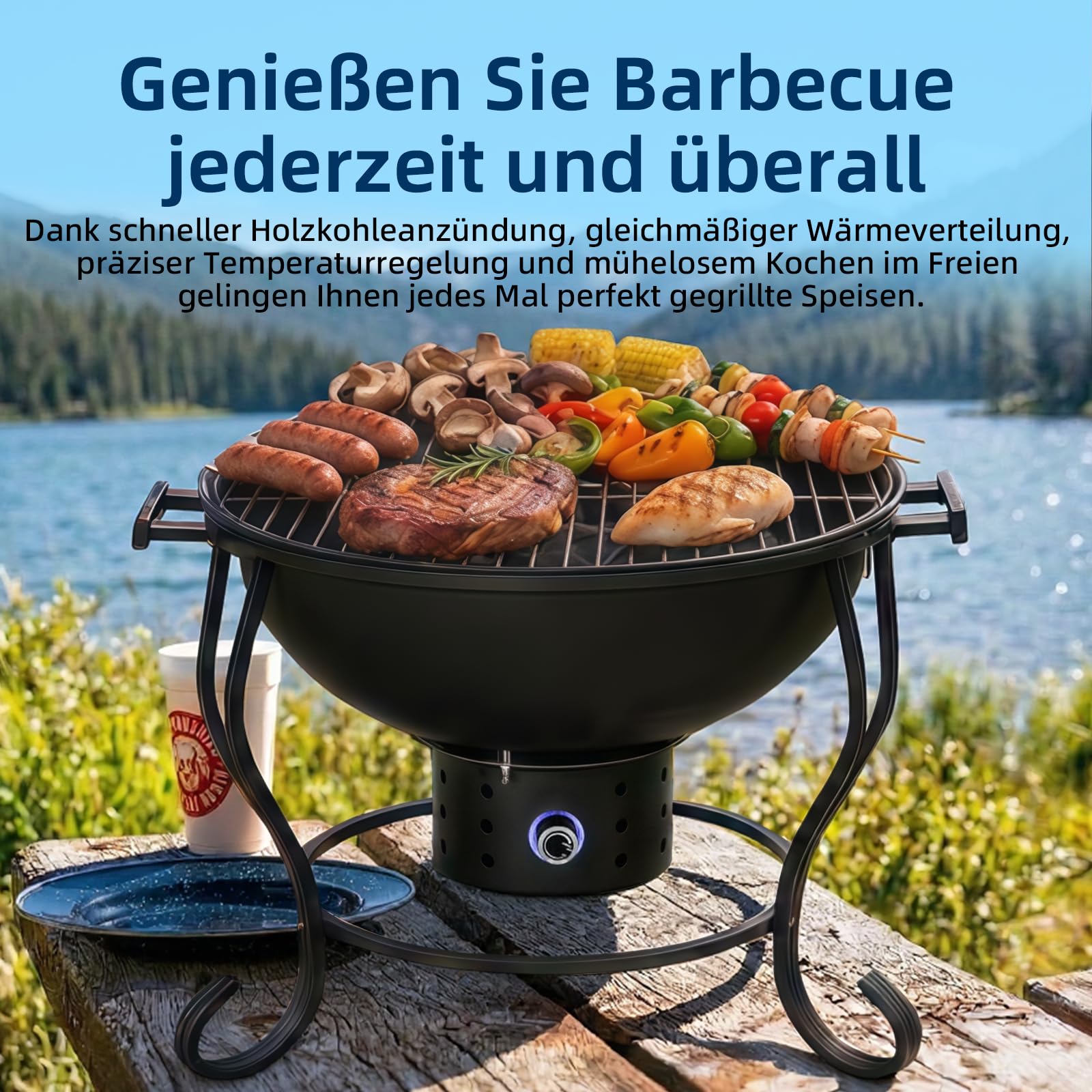 Tragbarer Holzkohlegrill mit Ventilator, Thermometer und regulierbarer Luftzufuhr, kompakter Kettle Grill für Camping, Picknick, Tailgating und Outdoor BBQ