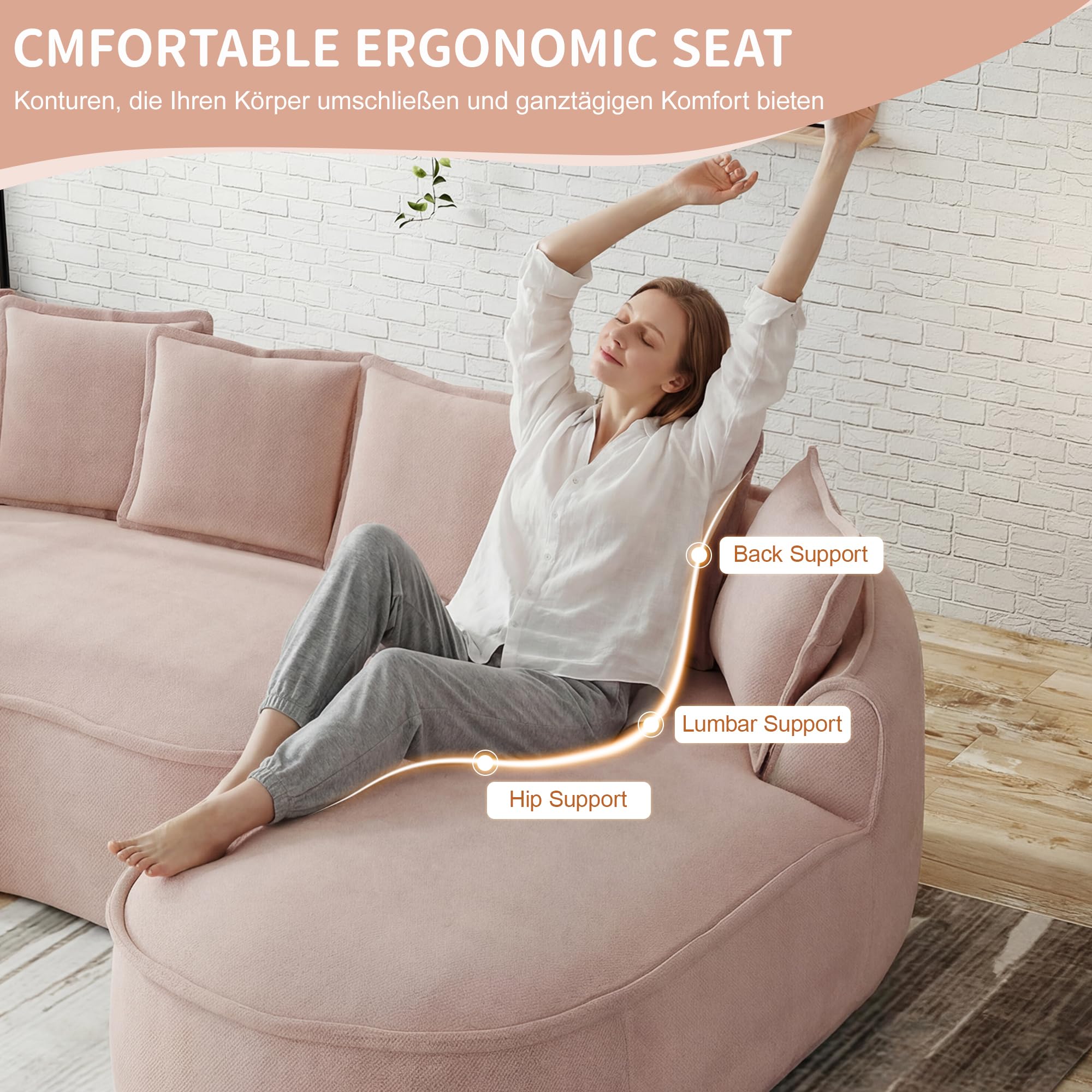 Bladez Frameless - Divano angolare modulare a forma di L, in ciniglia, con seduta extra profonda e chaise longue, divano da pavimento senza montaggio, divano curvo, per il soggiorno (rosa, 3 posti -R)