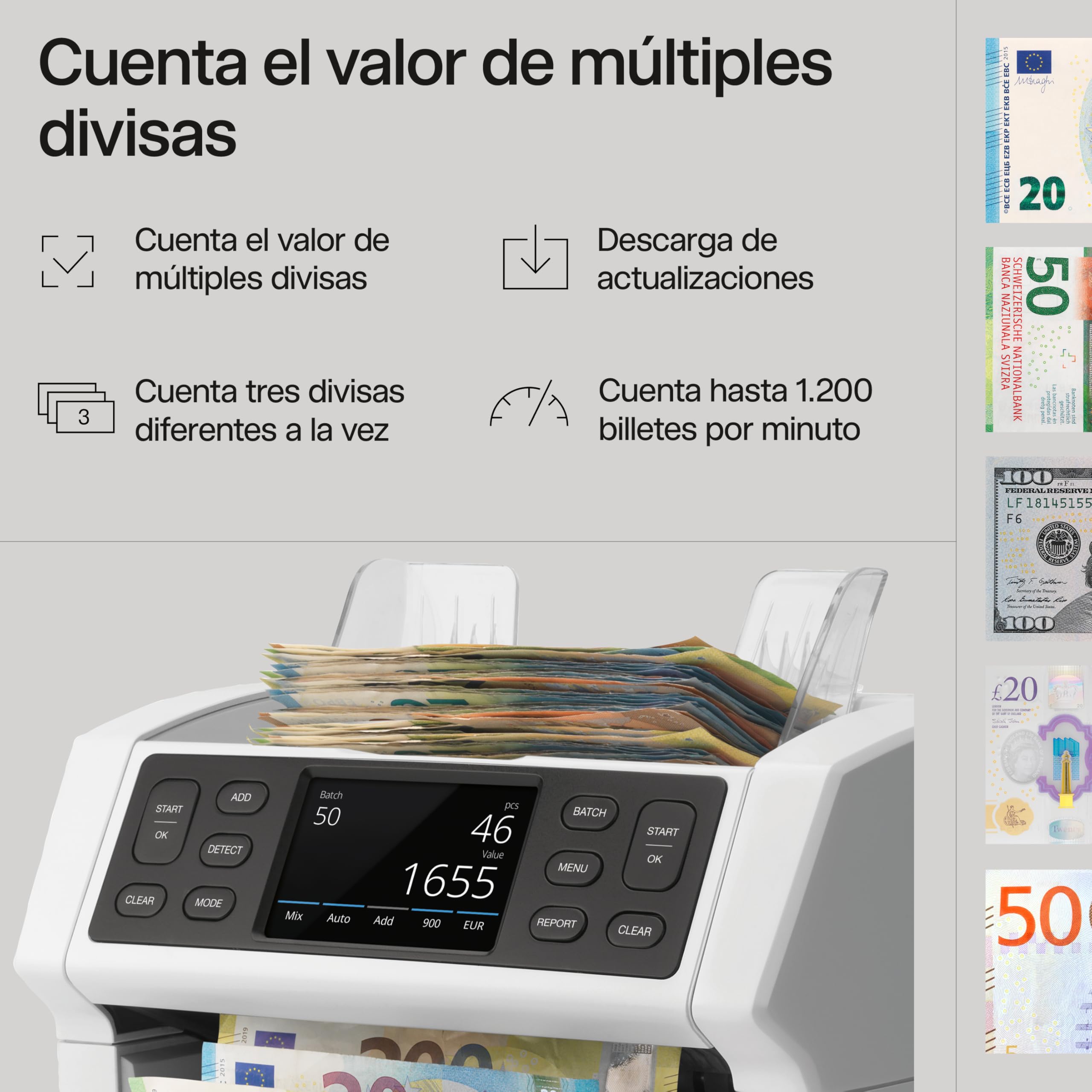 Safescan 2865-S Contadora de billetes cuenta el valor de billetes mezclados - Contadora detectora de billetes falsos en 7 puntos - Máquina para contar billetes con interfaz multilingüe