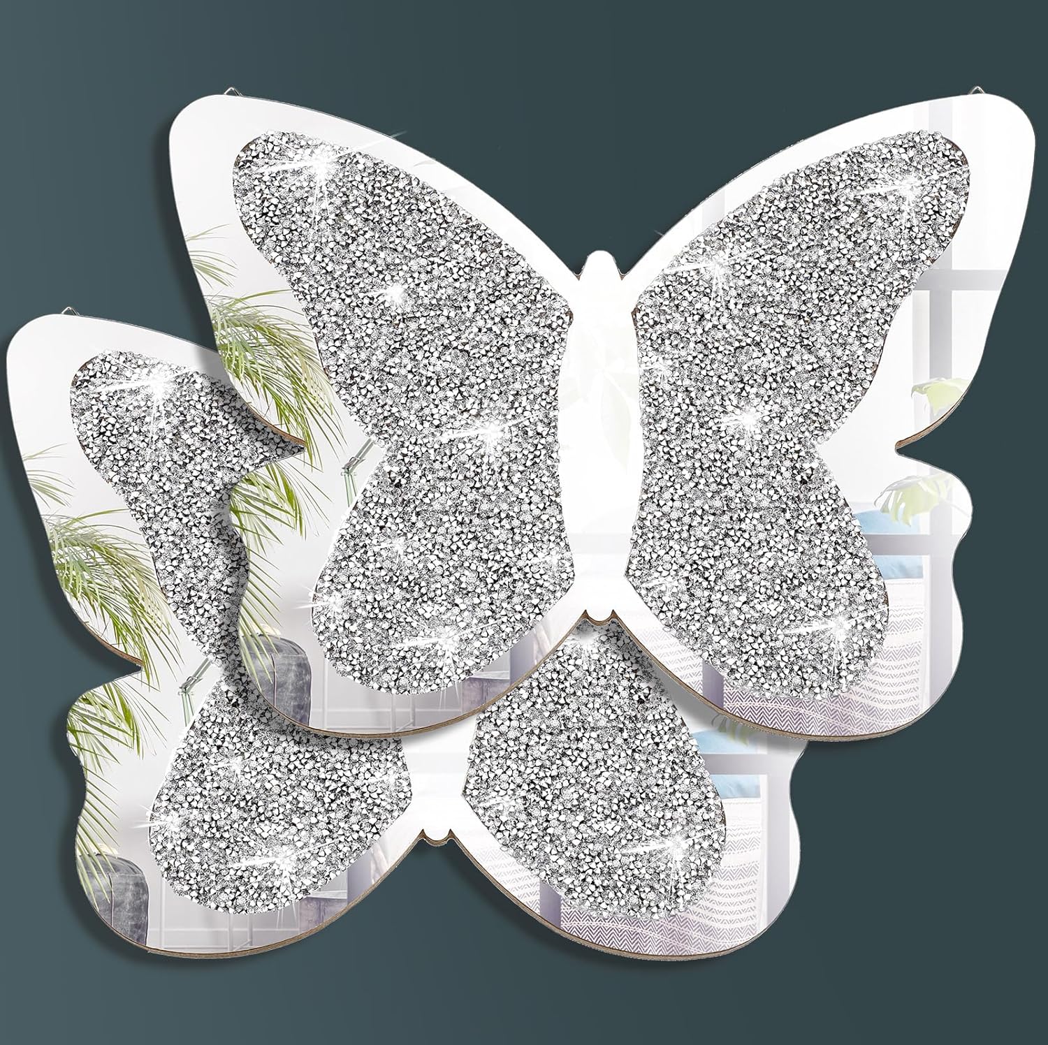 Vesici 2 Pieces Butterfly Shaped Mirror Crystal Crushed Diamond Silver Mirror Silver Wall Decor for Living Room Modern Decorative Artwork for Nursery Wedding Decor(19.69 x 14.57 Inch)