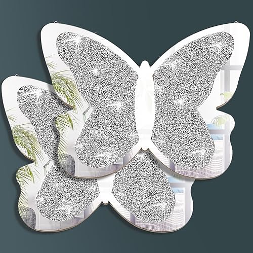 2 espejos en forma de mariposa con diamantes triturados de cristal plateado, decoración de pared plateada para sala de estar, espejo decorativo
