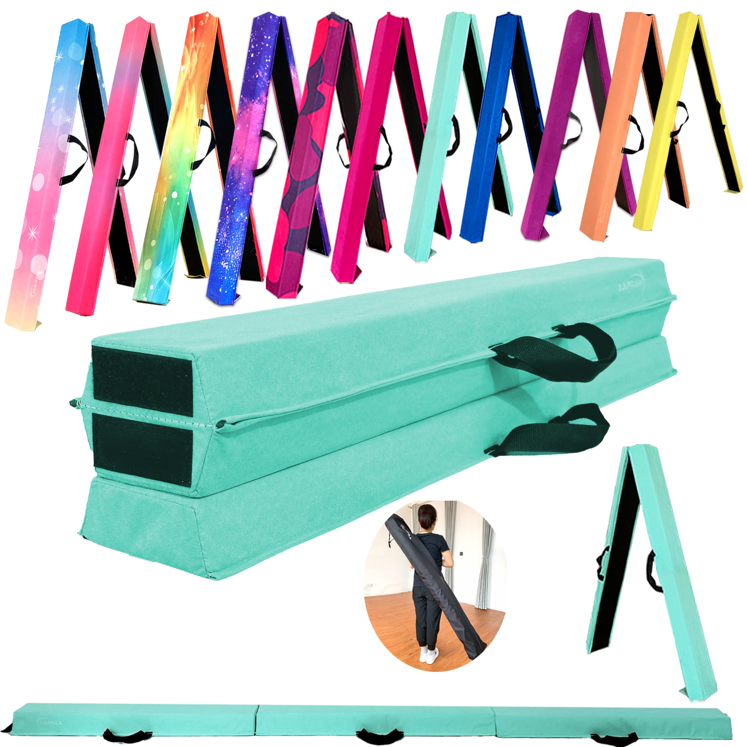 MARFULA 6 FT / 8 FT / 9 FT Folding Gymnastics Beam Foam Balance Floor Beam - Extra Firm - Suede Cover - Anti Slip Bottom with Carry Bag for Kids/Adults Home Use