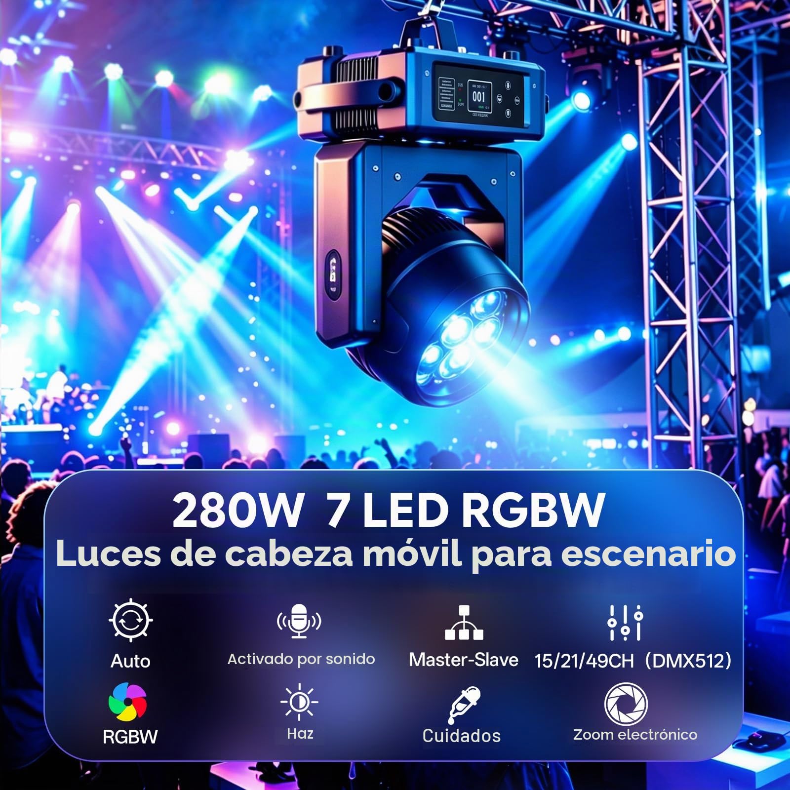 2 PCS 7X40W Cabeza Móvil LED RGBW,7 LEDs Luz de Escenario con DMX512,Modo Maestro/Esclavo,Efectos Wash,Haz,Vórtice,Caleidoscopio,Enfoque Electrónico,para Bares,Conciertos,Festivales,Discotecas