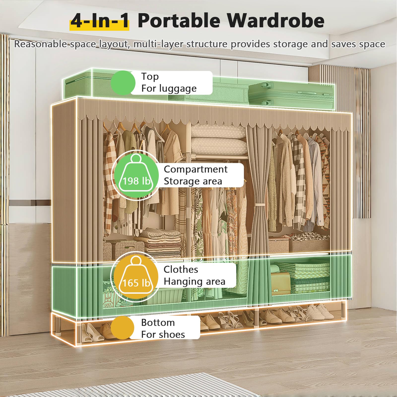 Armoire De Rangement en Tissu, Penderie avec Housse, Armoires Portable avec Barre De Suspension Et Étagères, Rangement Armoire Vêtement 168 X 46 X 173 cm