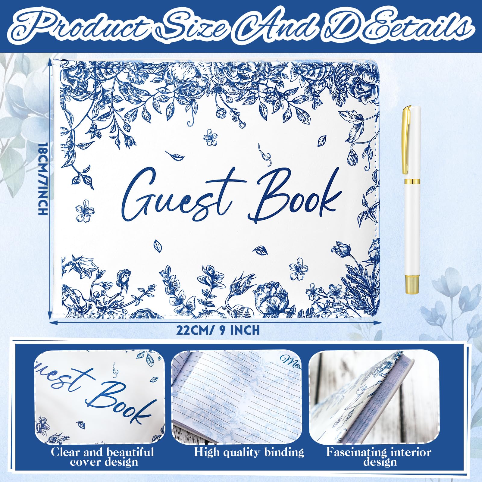Panelee Wedding Guest Book with Pen Set Elegant Guest Sign in Books Bridal Shower Guestbook Beautiful Guest Book Wedding Reception Guestbook for Wedding (Flower, Blue)