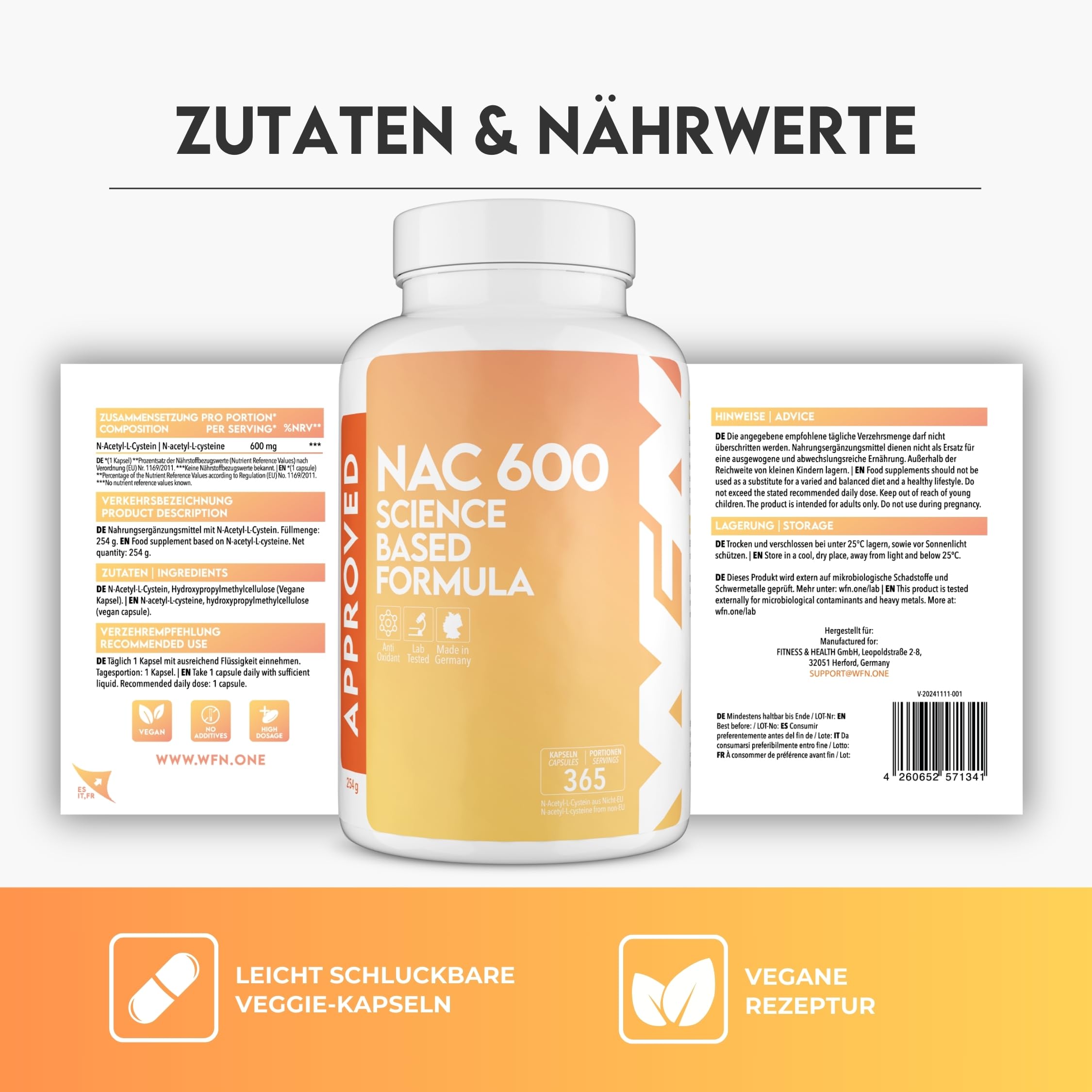 WFN Approved NAC 600 mg pro Kapsel - 365 Kapseln Jahresvorrat - Hochdosiert, vegan, ohne Zusatzstoffe - Produziert & laborgeprüft in Deutschland