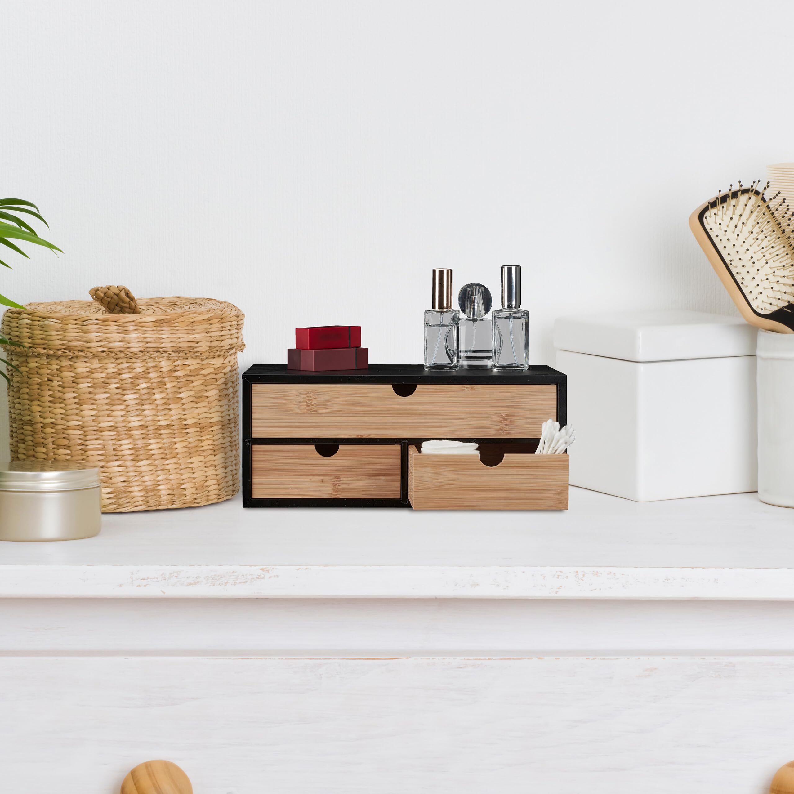 Relaxdays Organisateur Bureau, 3 tiroirs, Bambou & MDF, Rangement pour Fournitures, HxLxP : 13,5x33x21 cm, Nature - Noir
