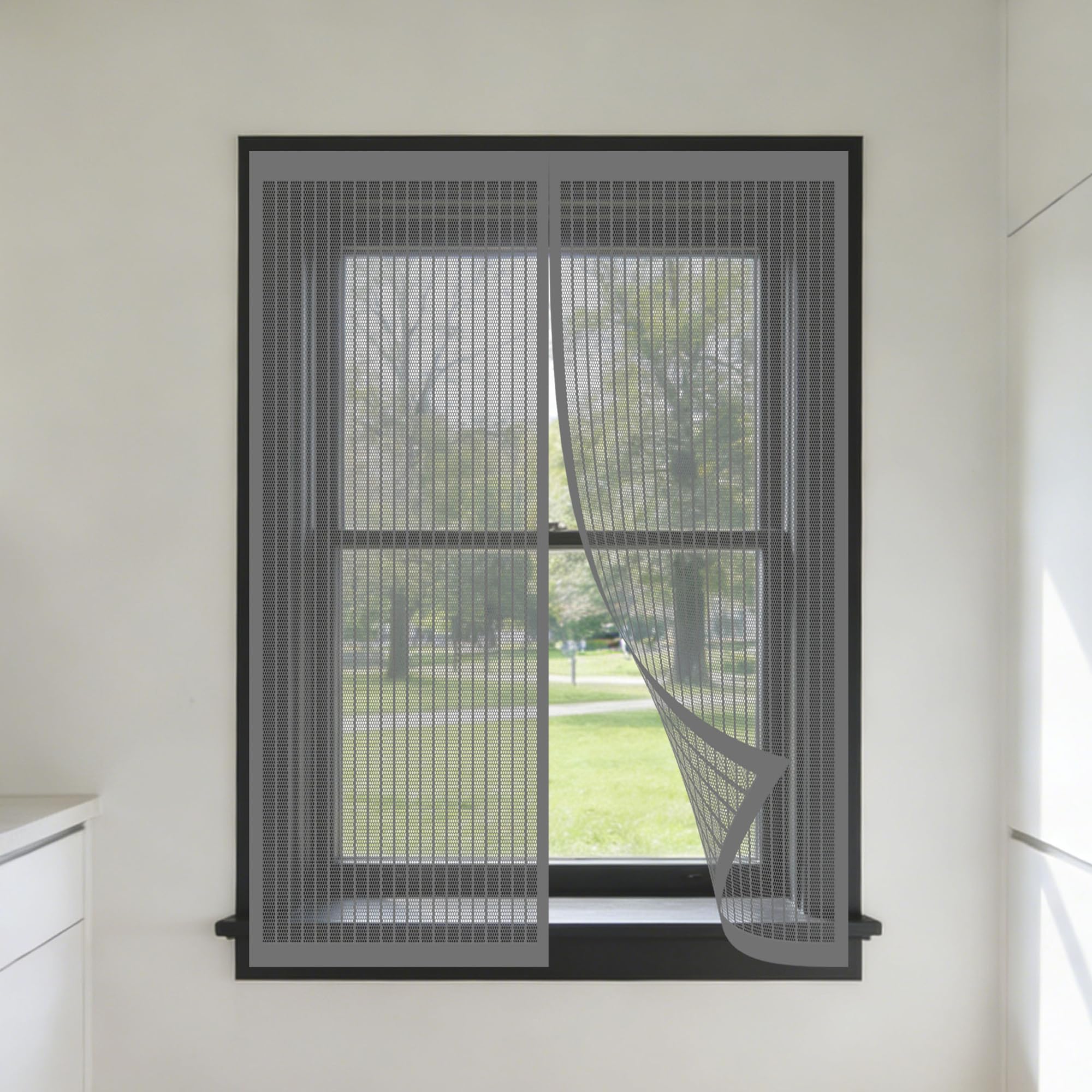 Magnetic Net Window 110 x 165 cm Selfadhesive Tape Window Screen Mesh for Bug Easy Installation for Living Room Bedroom Offfice, Grey