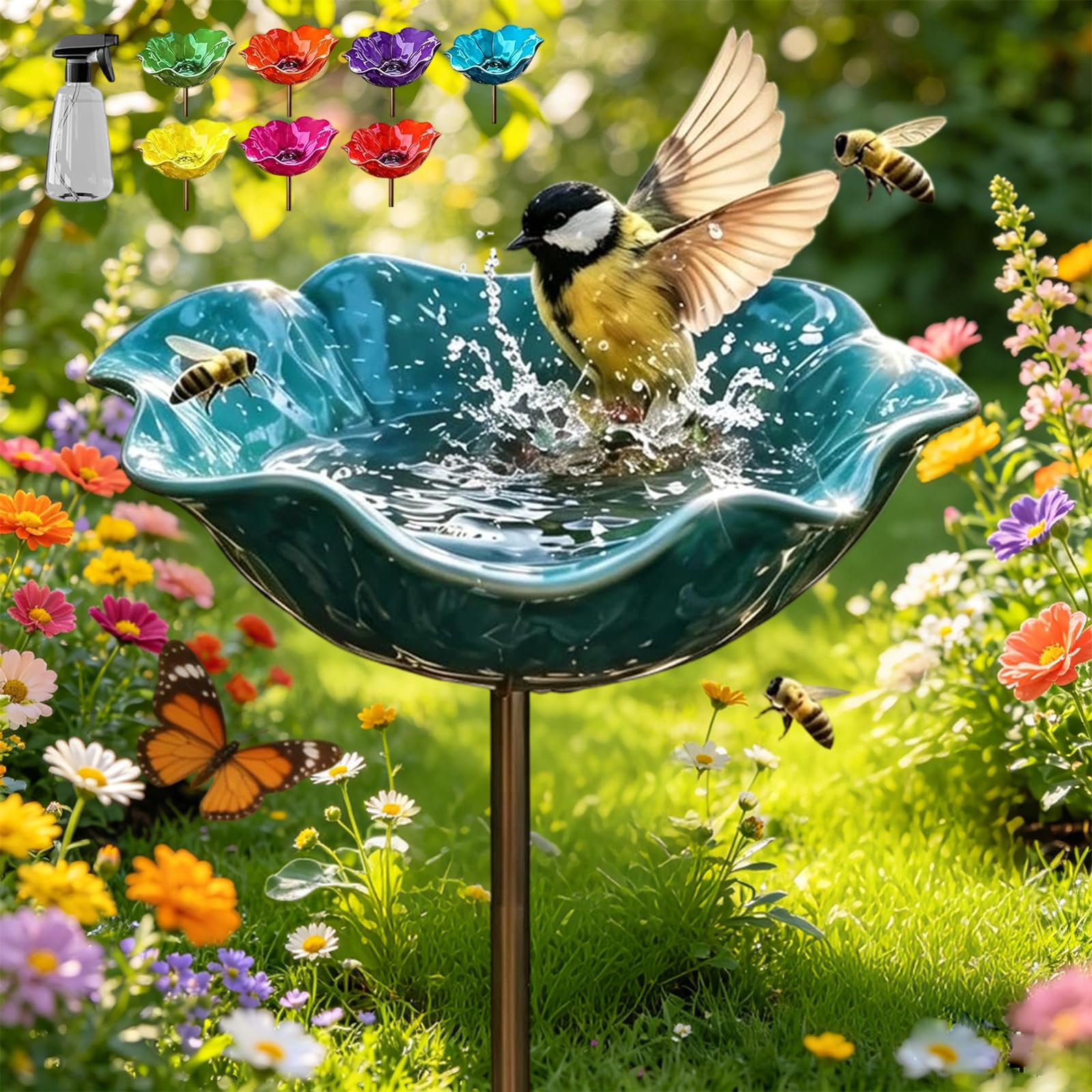 Handmade Metal Flower Garden Stake, Weather-Resistant Metal Flower Stakes with Bird Feeder & Bee Watering Station, Bird Bath Feeder for Outdoor Yard Lawn Patio Decoration (Blue)