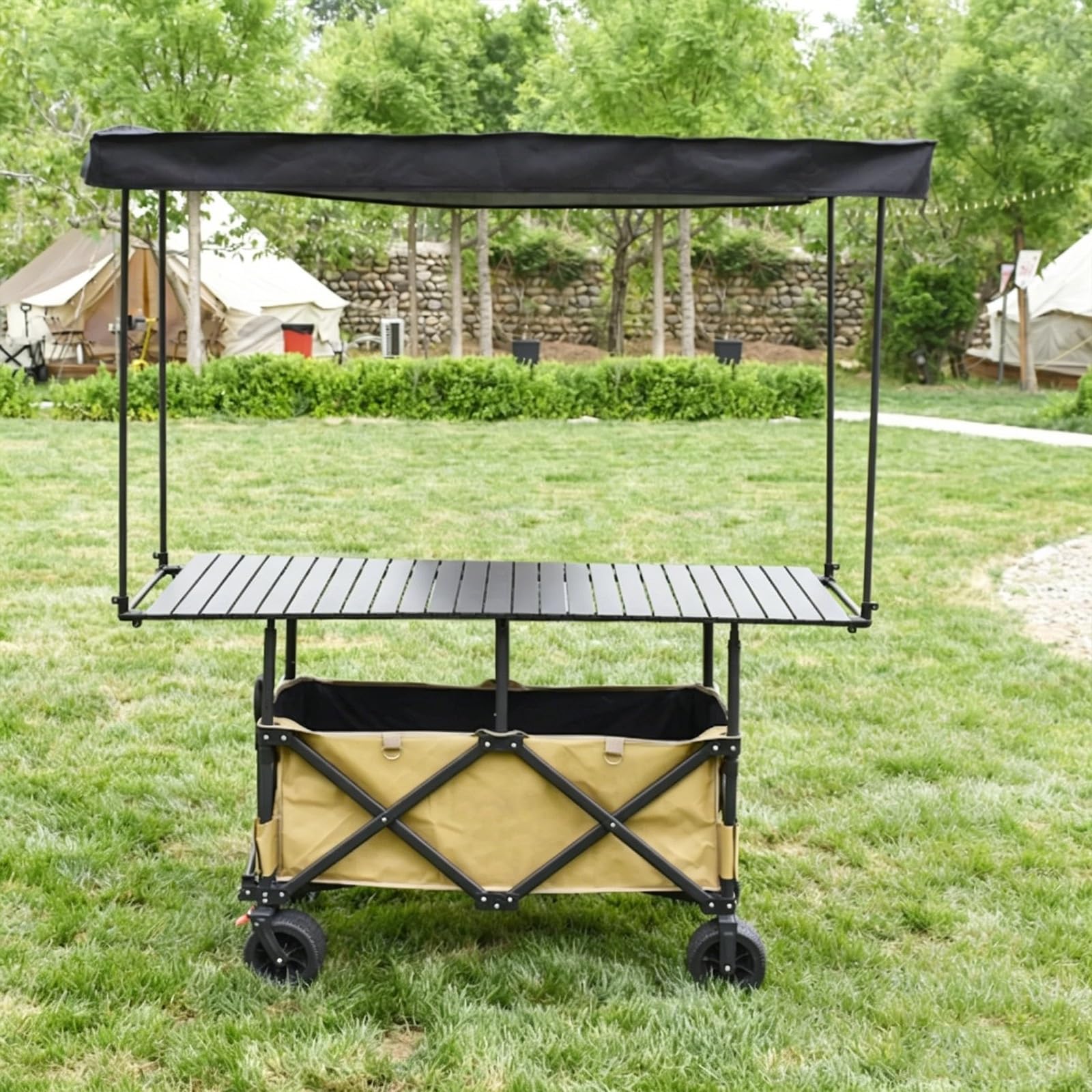 Carrello Del Venditore Di Cibo, Carretti Dei Venditori Ambulanti, Per Bancarelle Del Mercato Con Tettoia, Carrello Pieghevole Per Venditori All'aperto(Khaki)